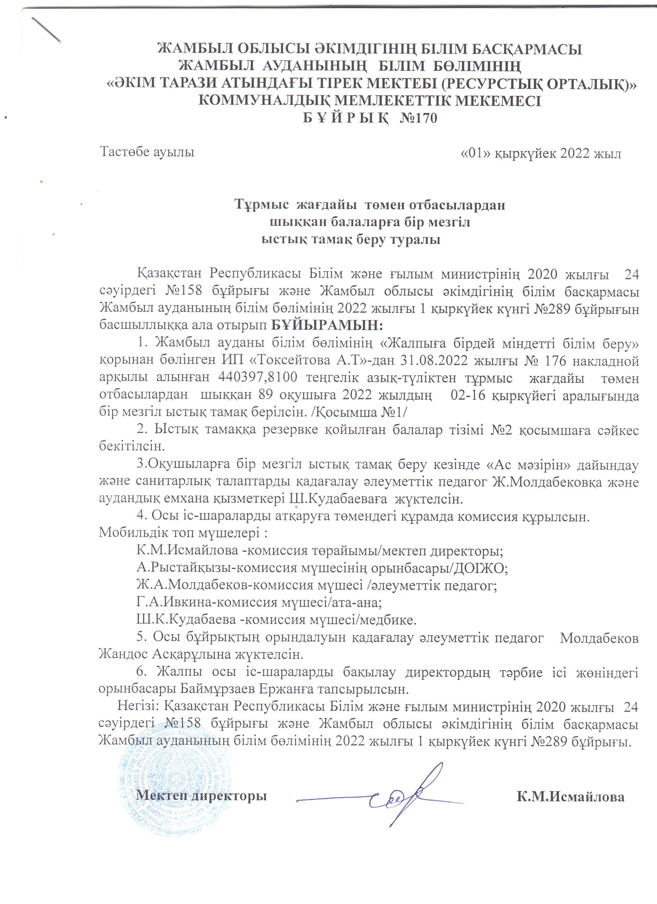 Ыстық тамақ бұйрық 01.09.2022ж
