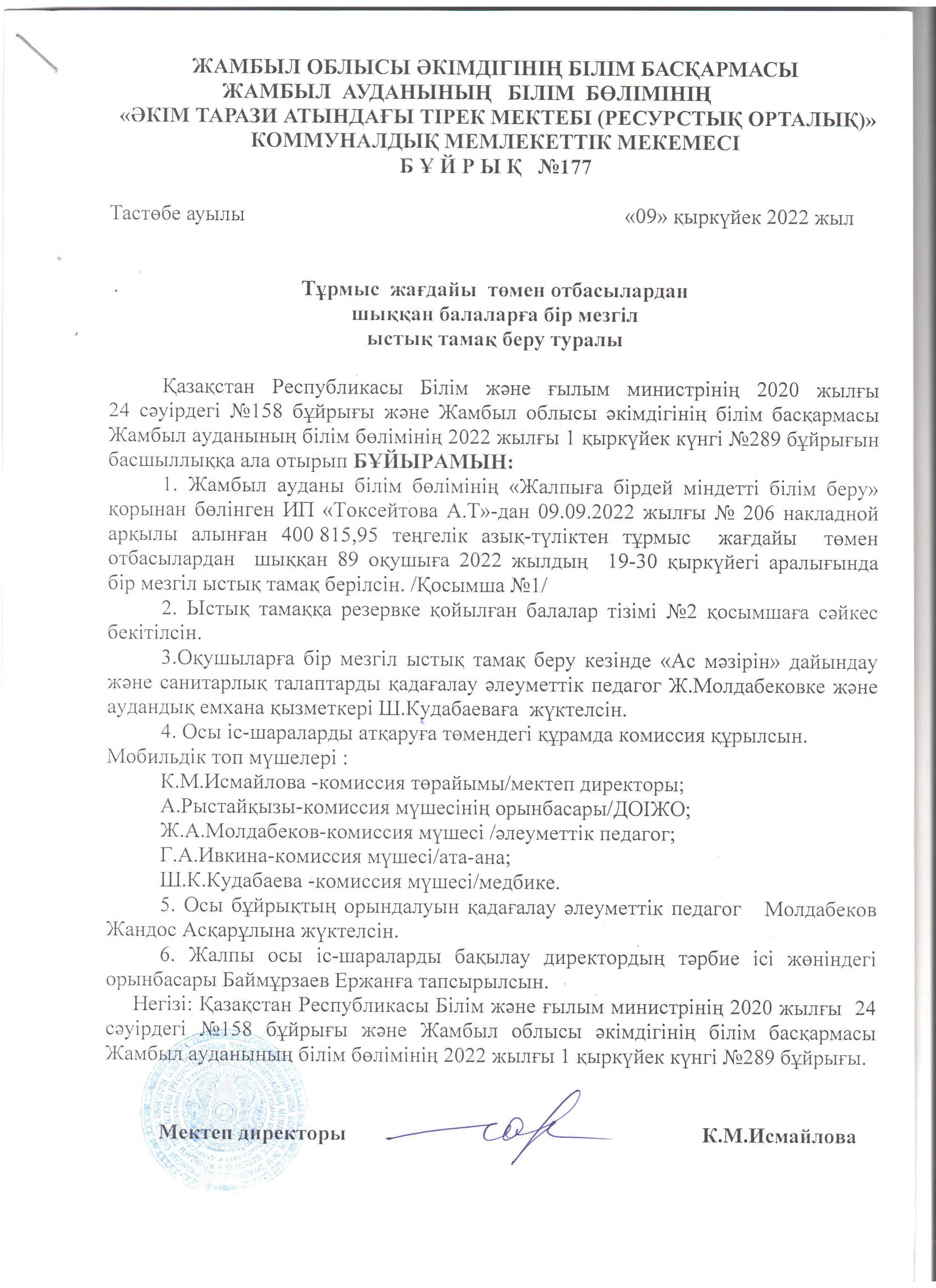 Ыстық тамақ бұйрық 09.09.2022ж