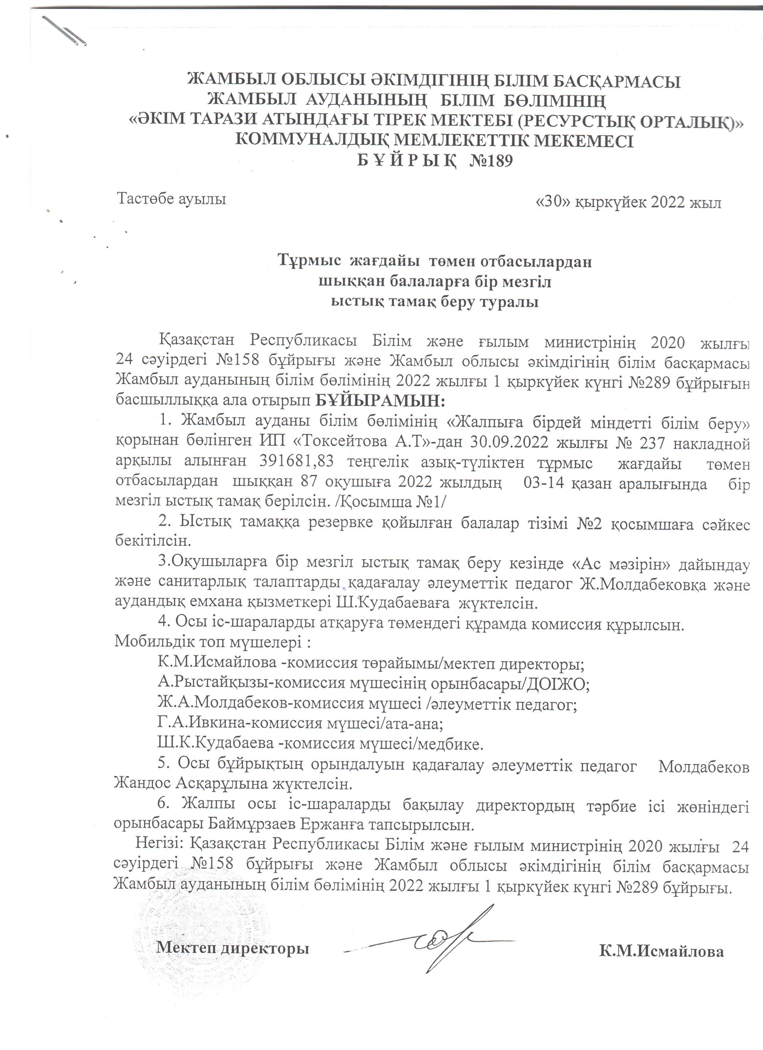 Ыстық тамақ бұйрық 30.09.2022ж