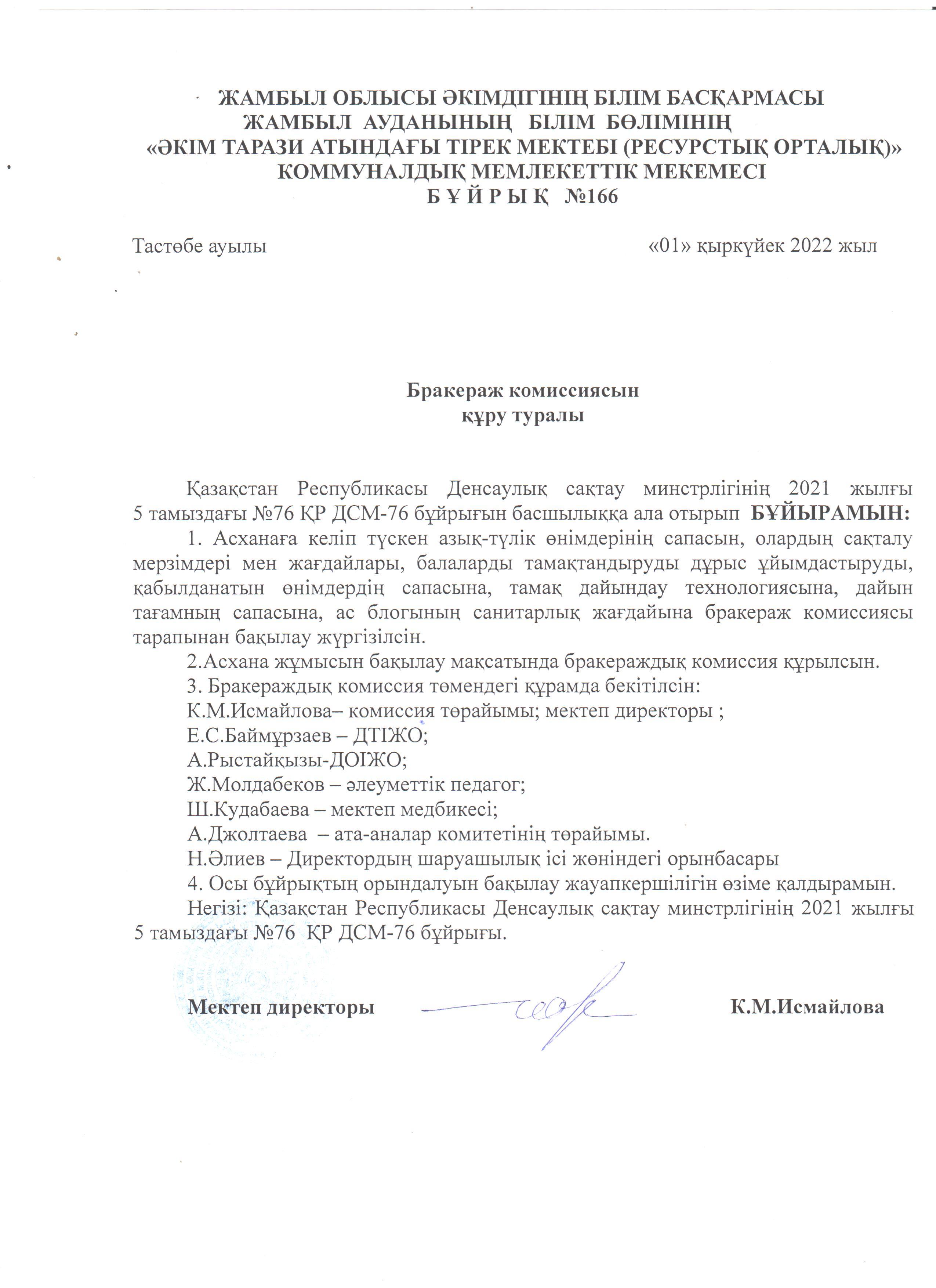 Бракераж комиссиясын құру туралы 01.09.2022