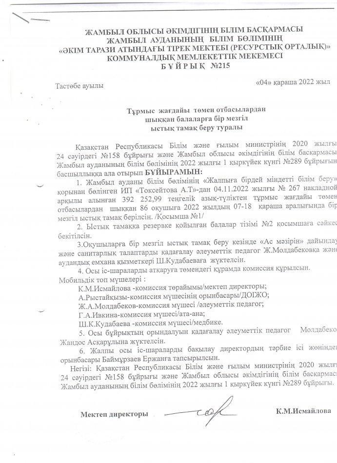 Ыстық тамақ бұйрығы қараша айы 7-18.11.2022