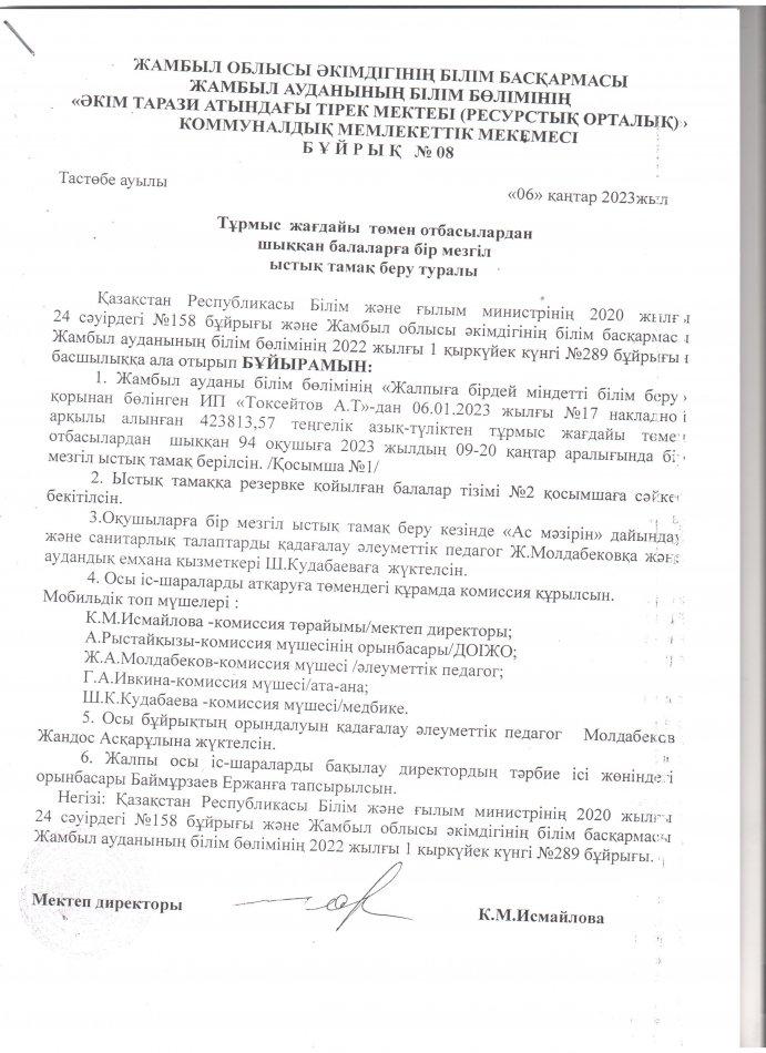 Ыстық тамақ бұйрығы қаңтар айы 09-20.01.2023