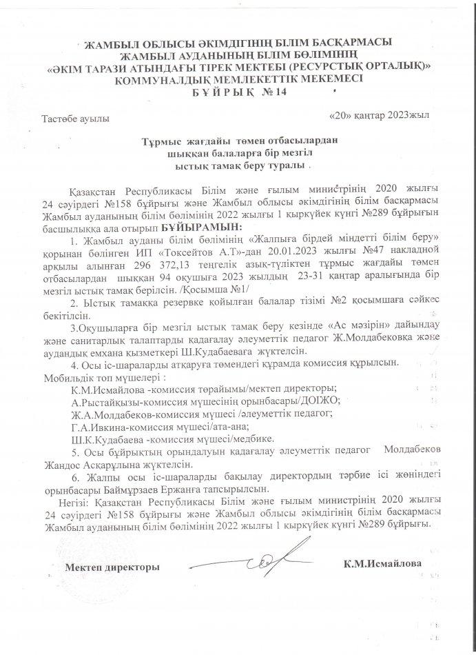 Ыстық тамақ бұйрығы қаңтар айы 23-31.01.2023