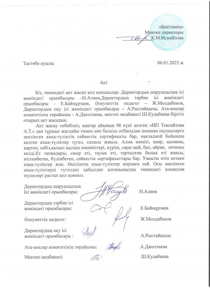 АКТ азық-түлікті қабылдау. Бракеражды комиссия