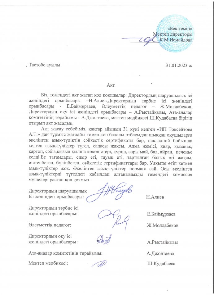 АКТ азық-түлікті қабылдау. Бракеражды комиссия