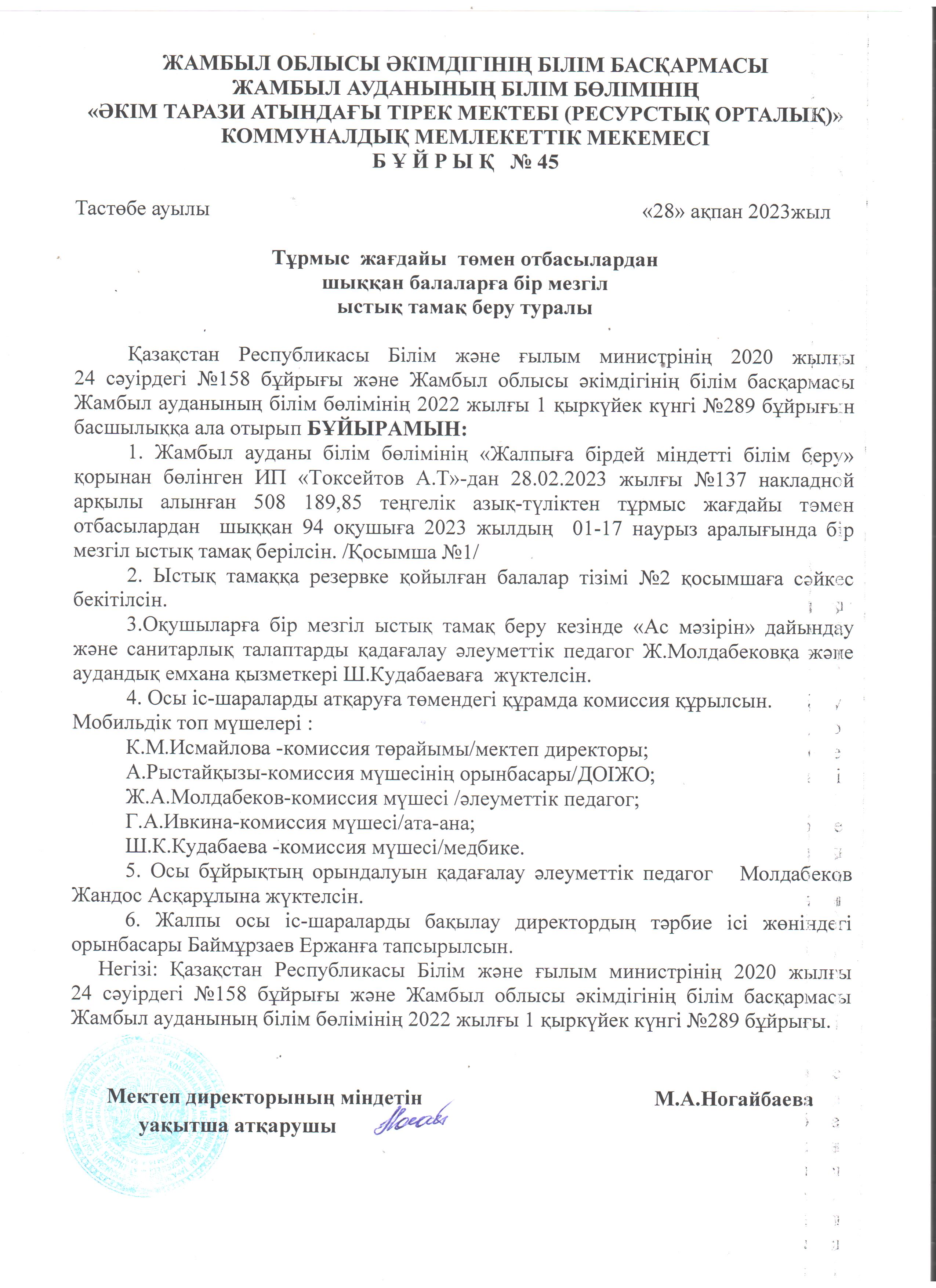 Наурыз айы 01-17. Ыстық тамақ бұйрығы