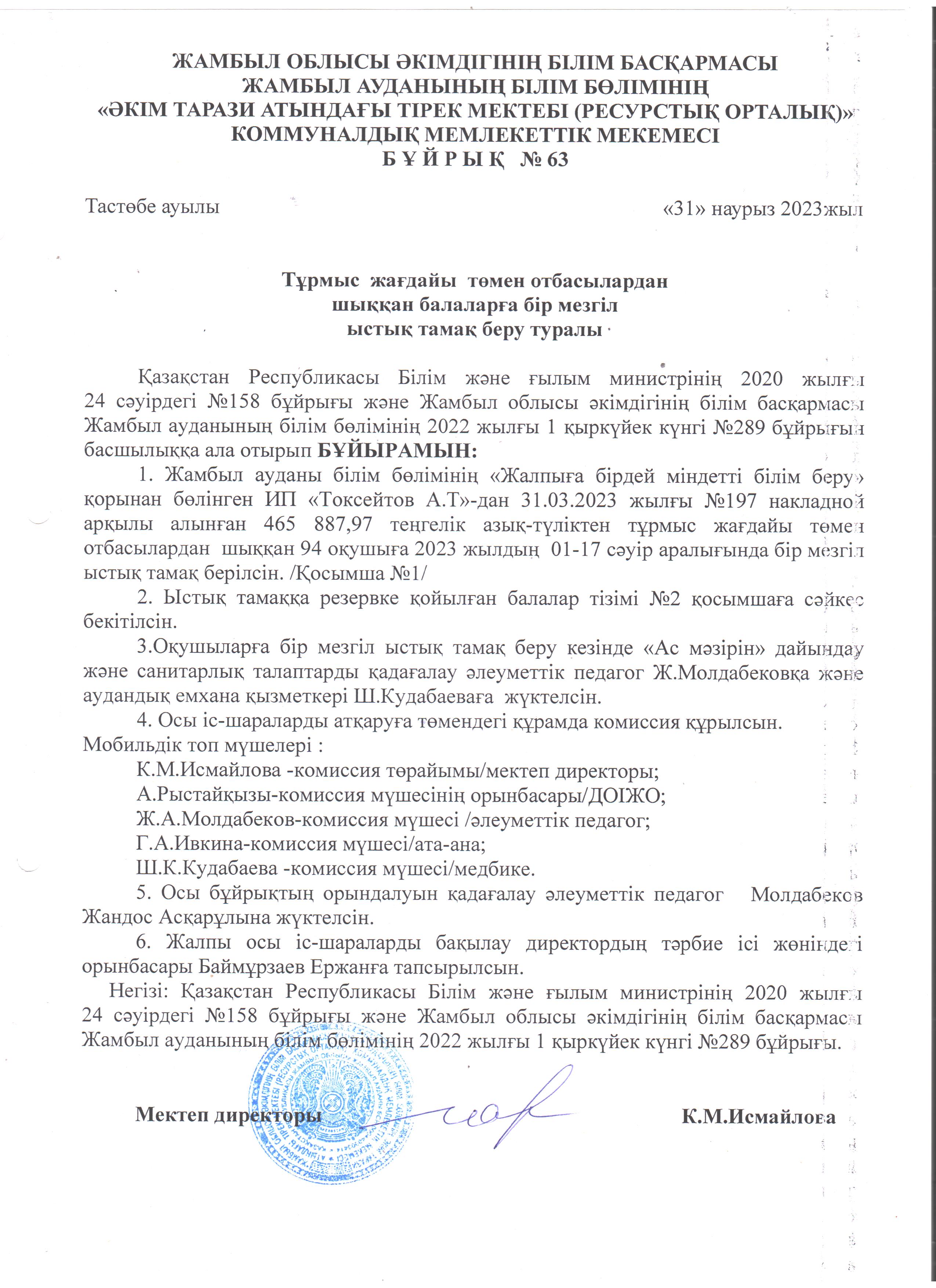 Ыстық тамақ бұйрығы 01-17 сәуір 2023ж