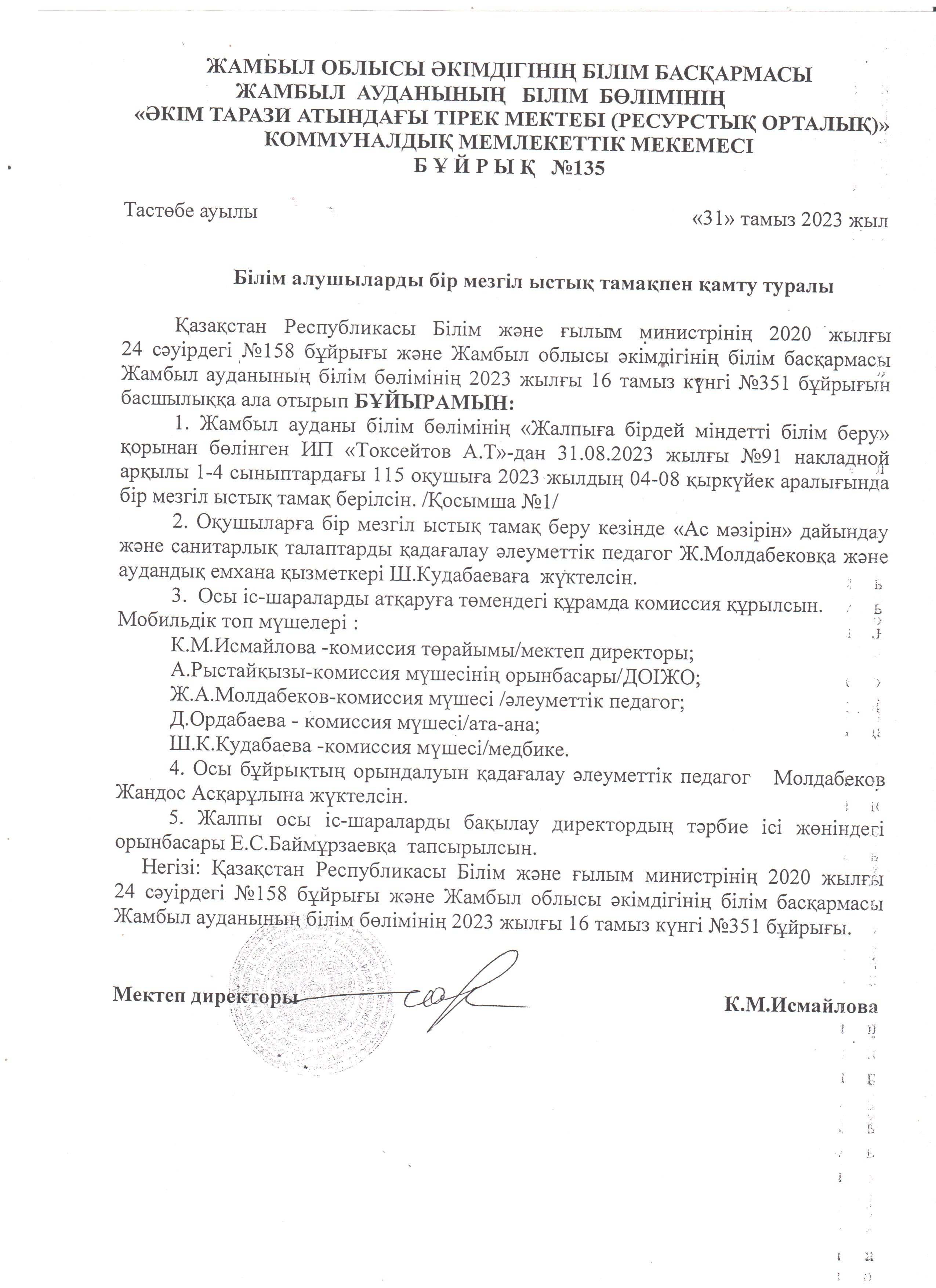 Ыстық тамақ бұйрығы 04-08.2023ж