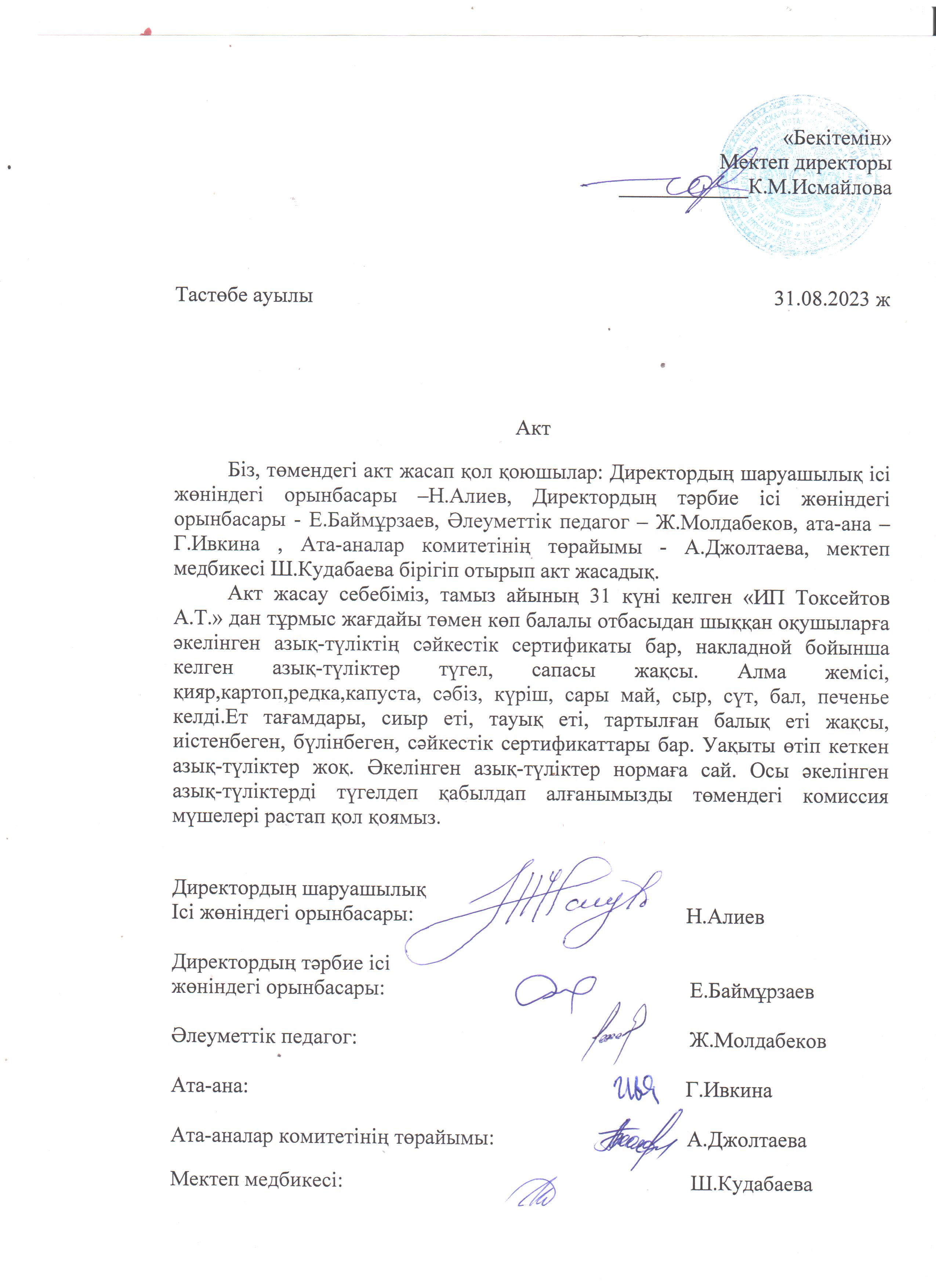 АКТ азық-түлікті қабылдау. Бракеражды комиссия 31.08.2023