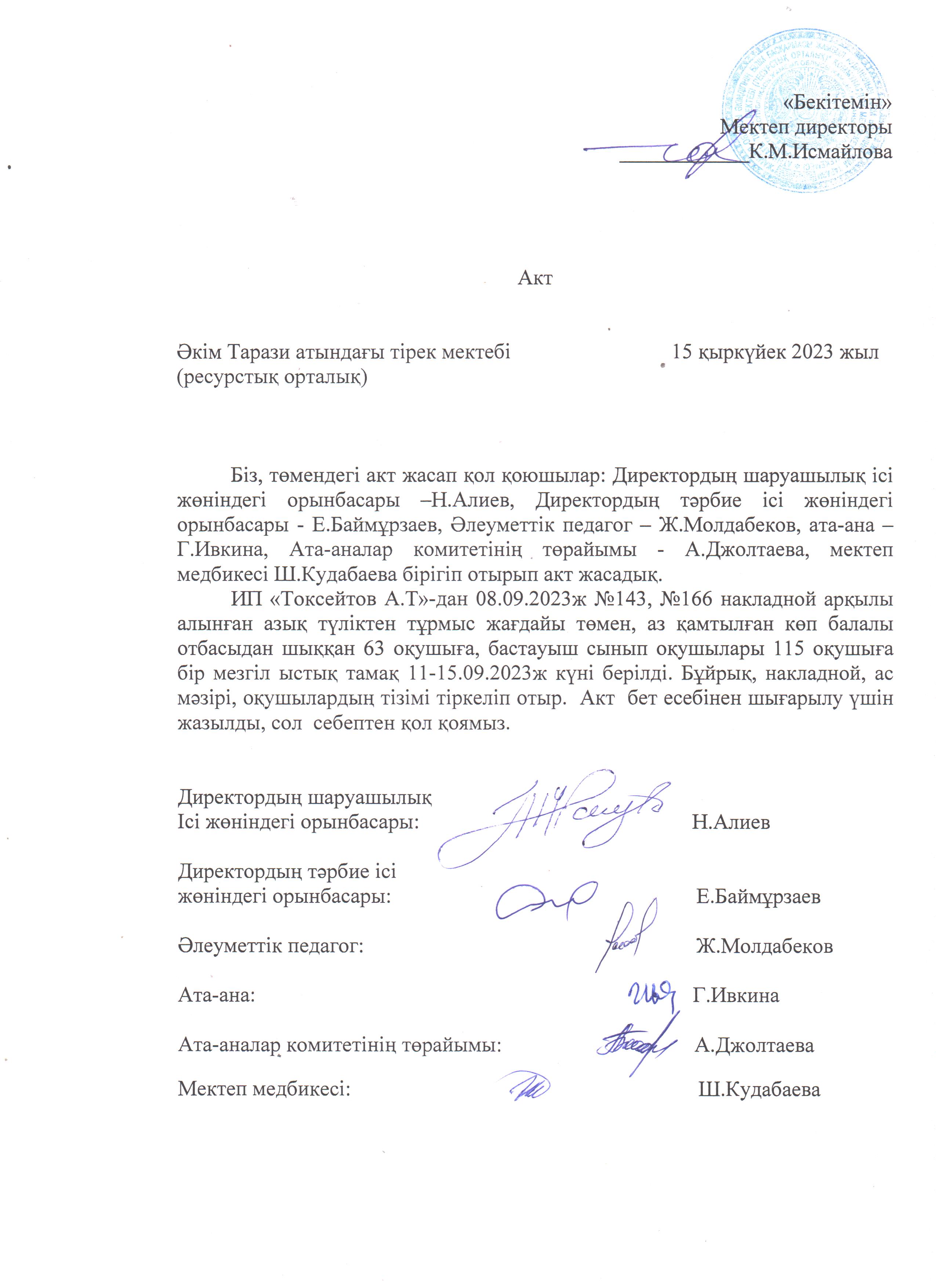 АКТ шығару. Бракеражды комиссия 15.09.2023ж