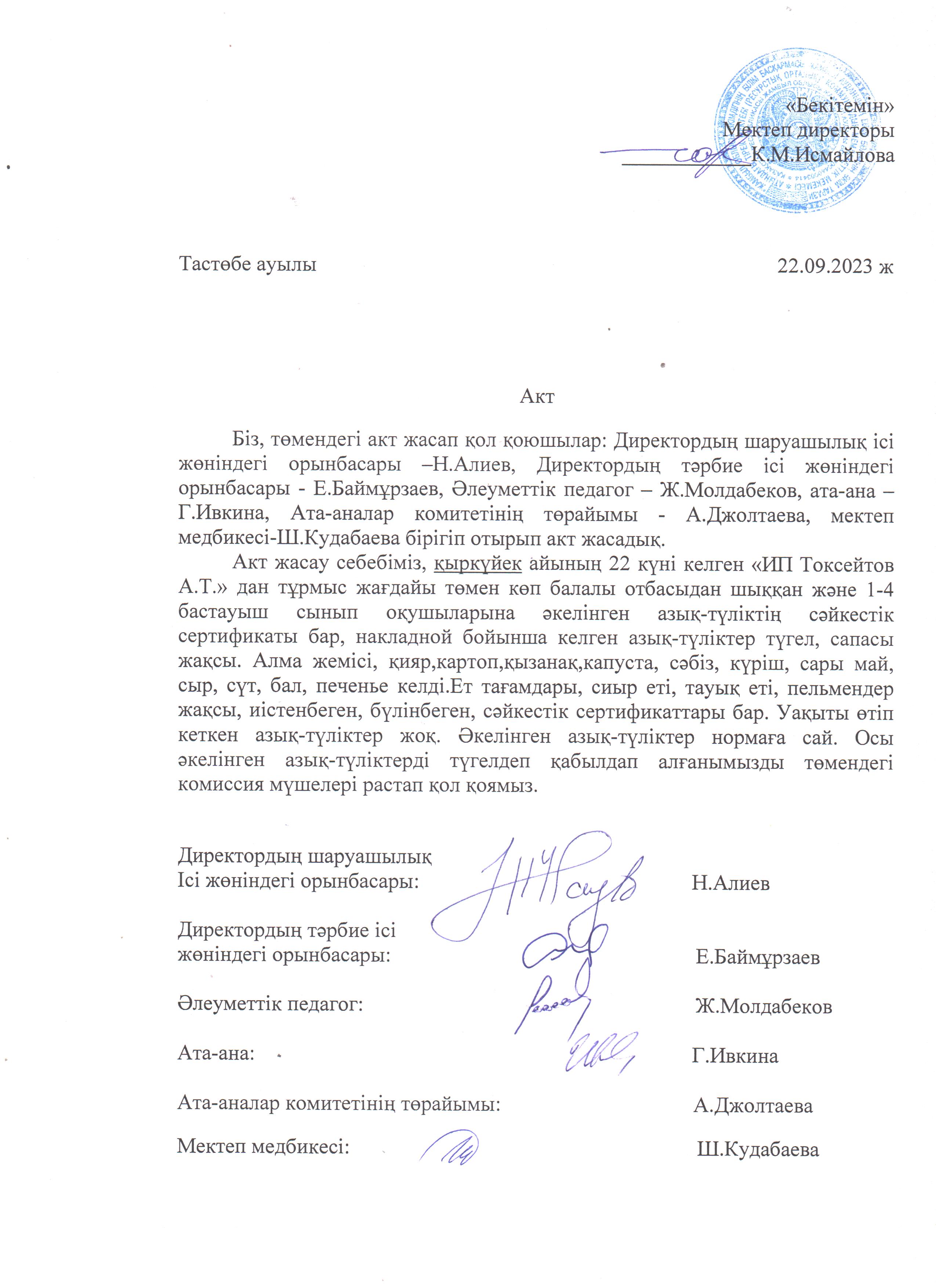 АКТ азық-түлікті қабылдау. Бракеражды комиссия 22.09.2023