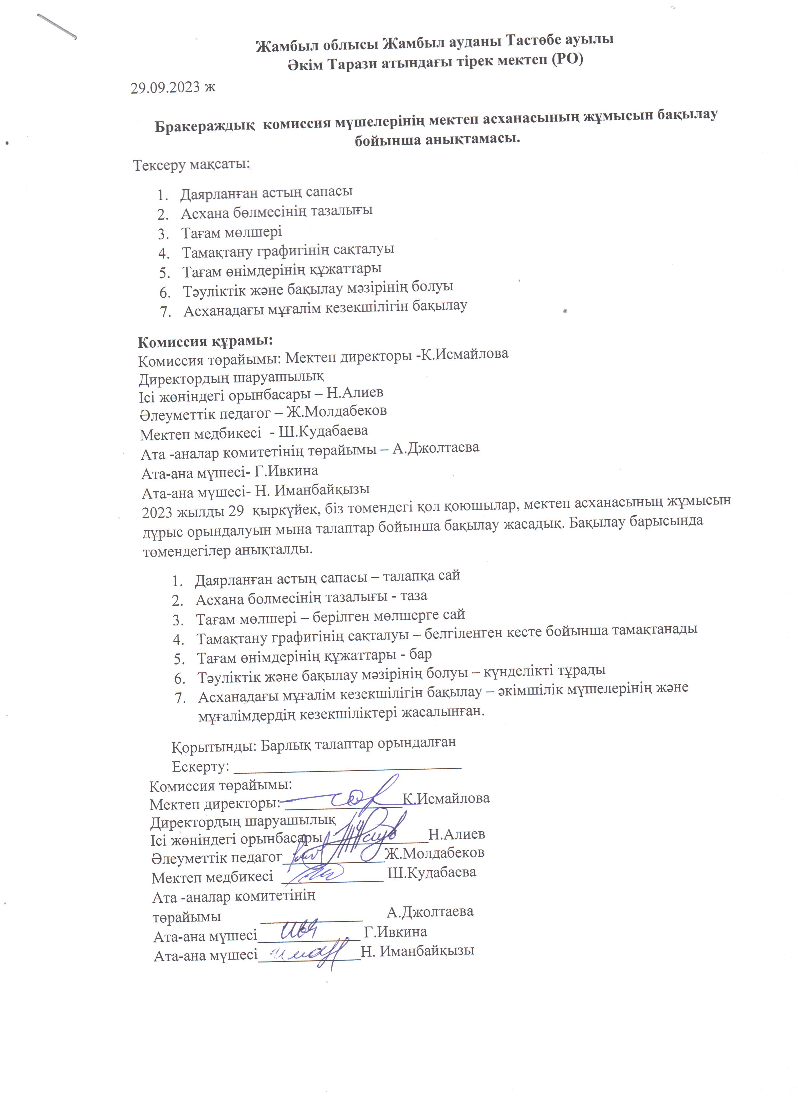 Бракеражды комиссия хаттамасы