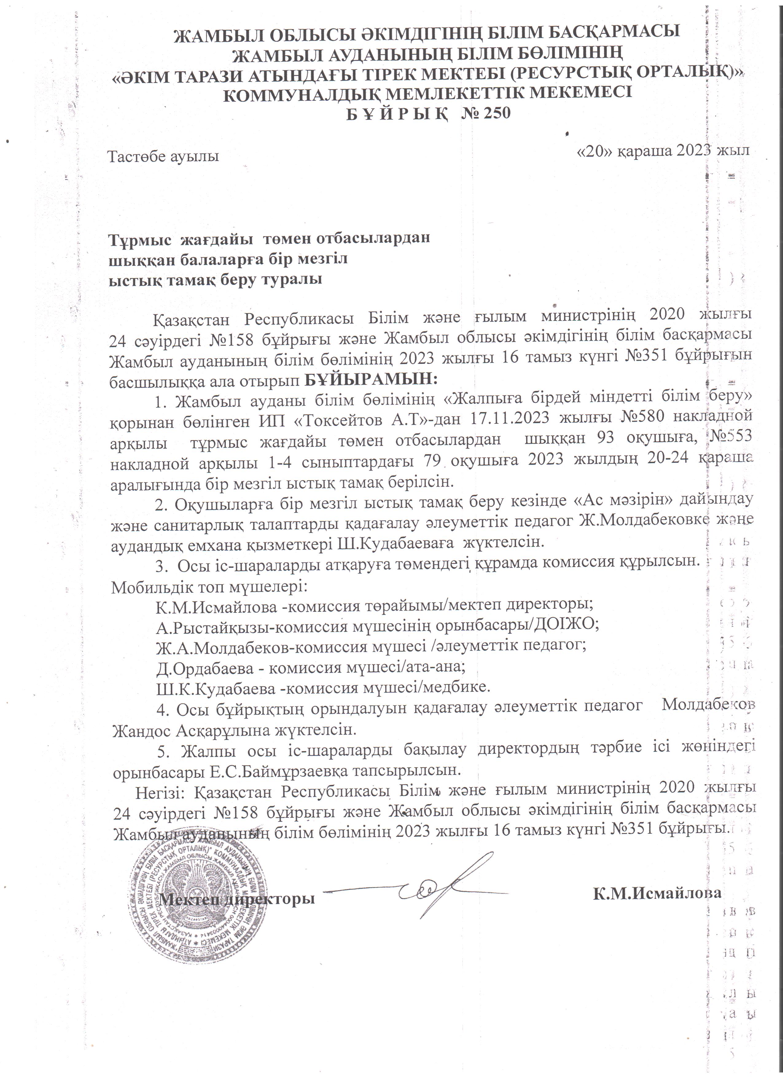 Ыстық тамақ бұйрығы 20-24 қараша
