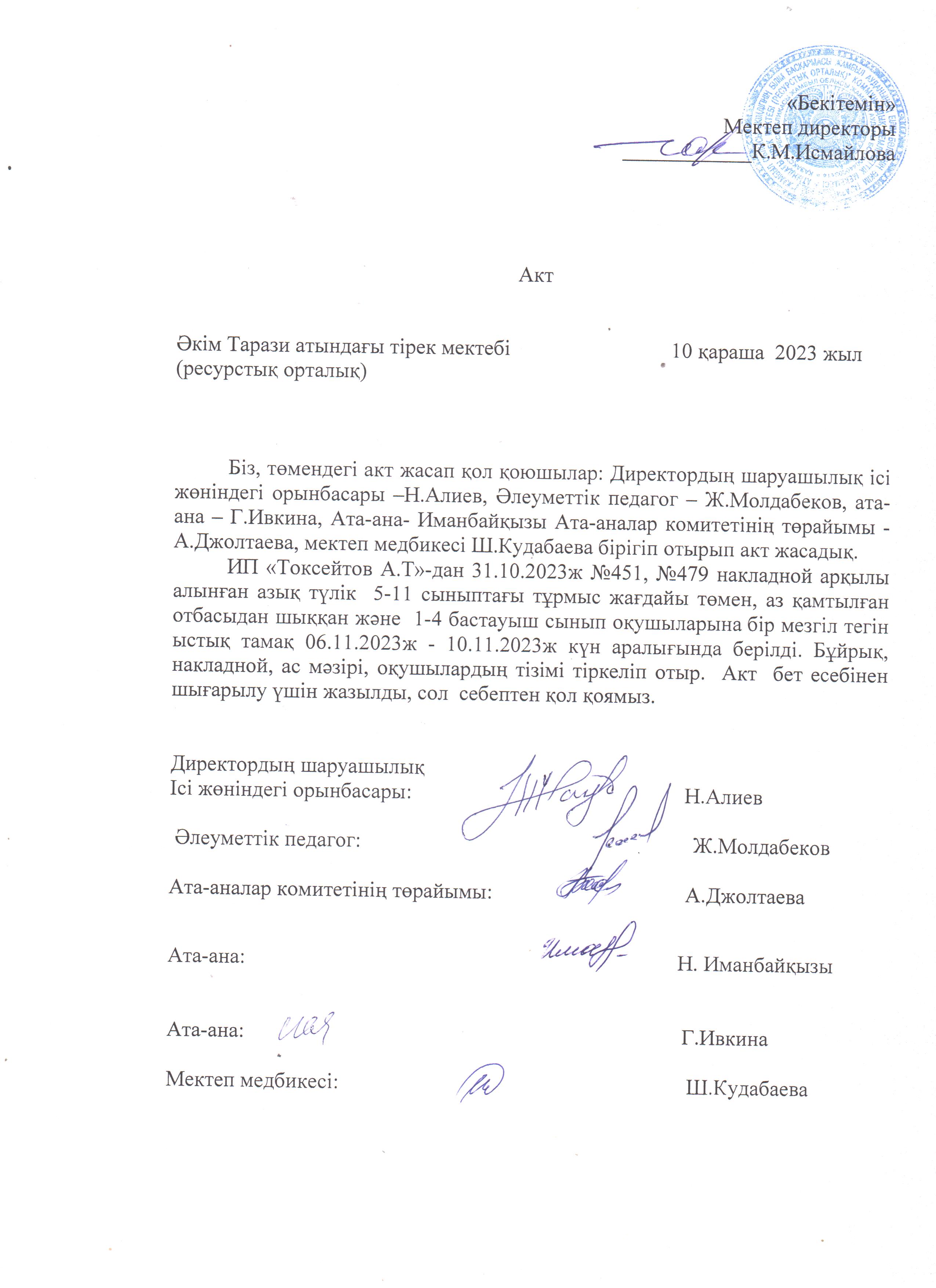 АКТ шығару. Бракеражды комиссия 10.11.2023ж