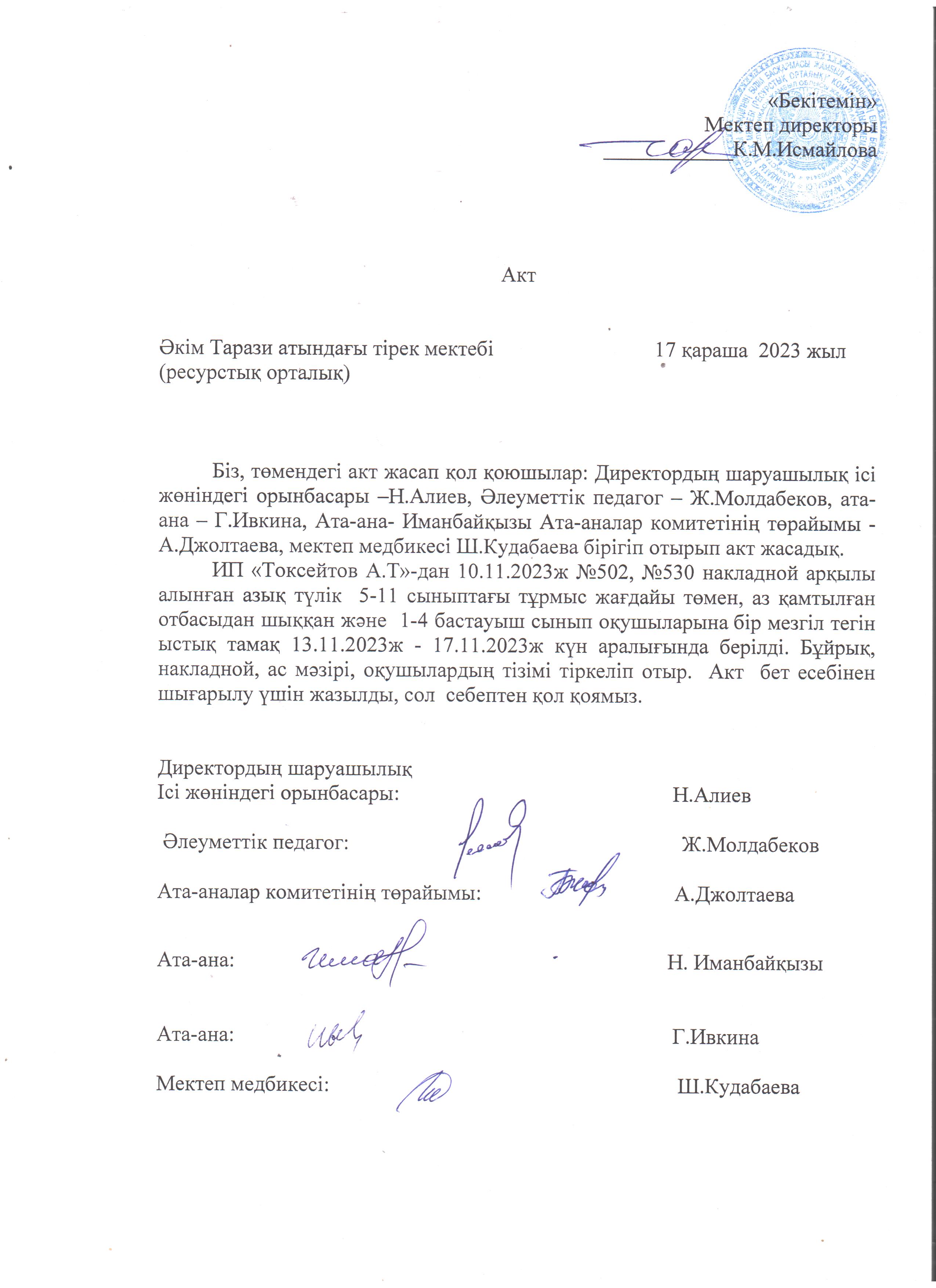 АКТ шығару. Бракеражды комиссия 17.11.2023ж