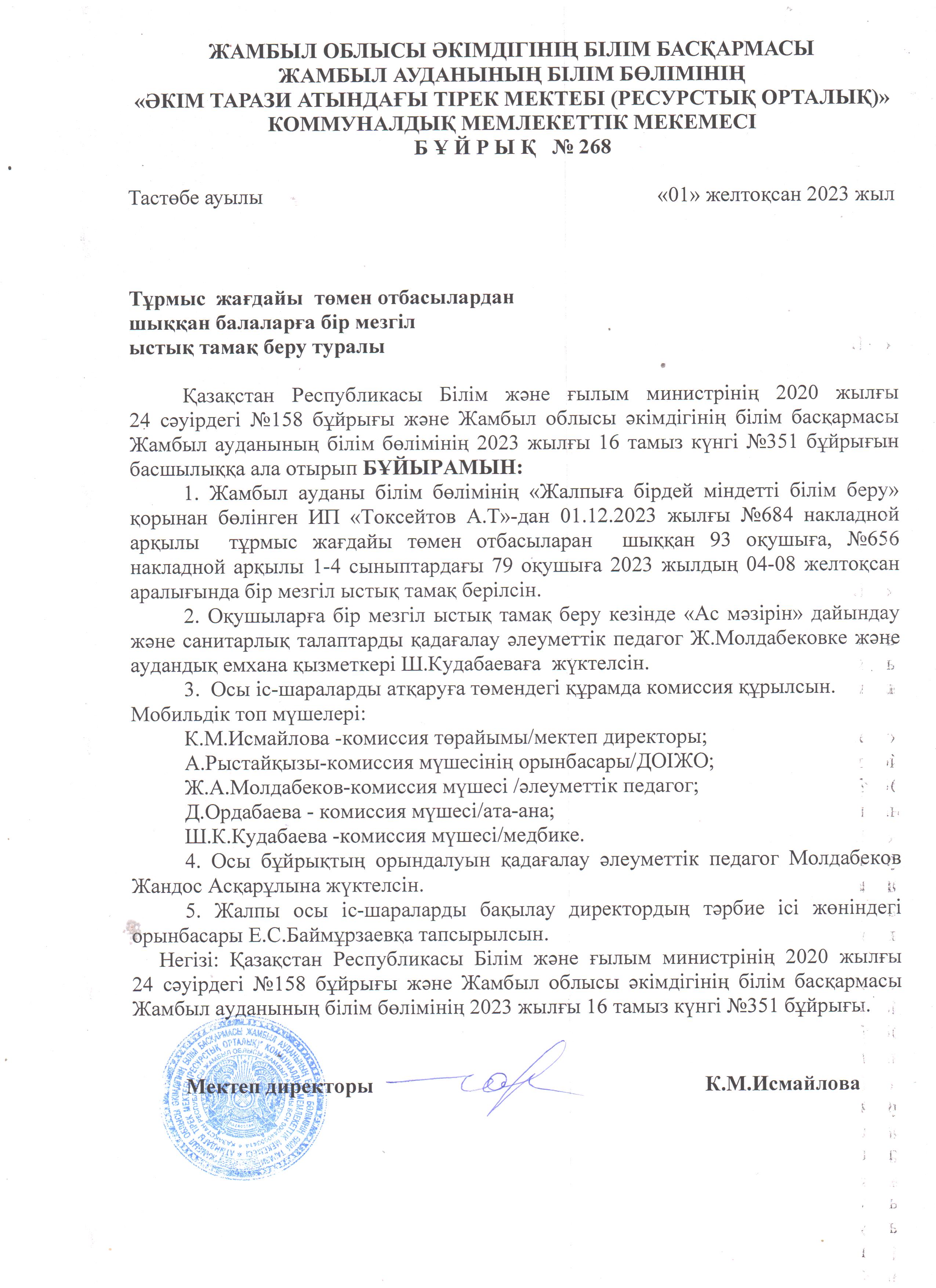 Ыстық тамақ бұйрығы 01.12.2023ж