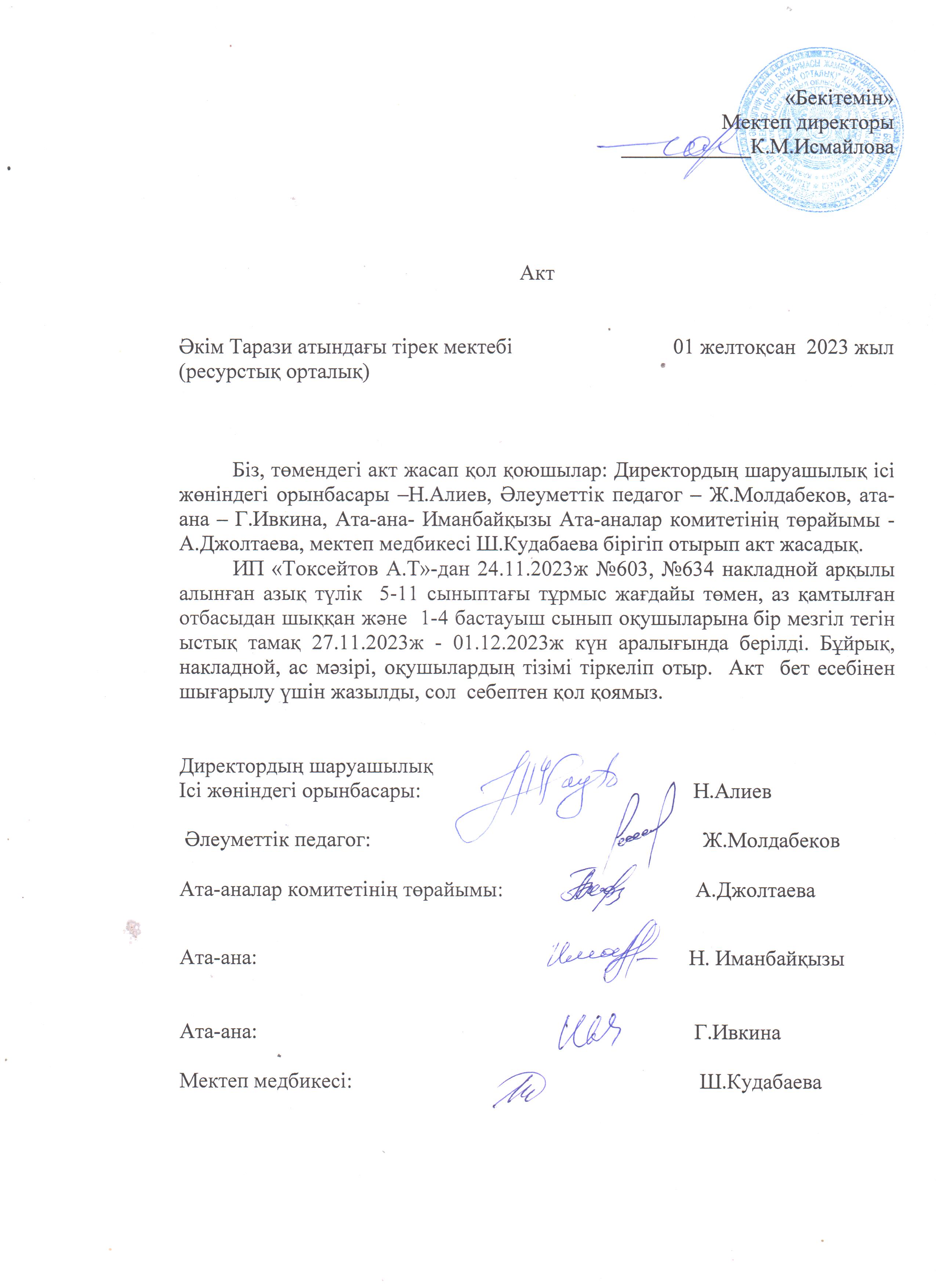 АКТ шығару. Бракеражды комиссия 01.12.2023ж