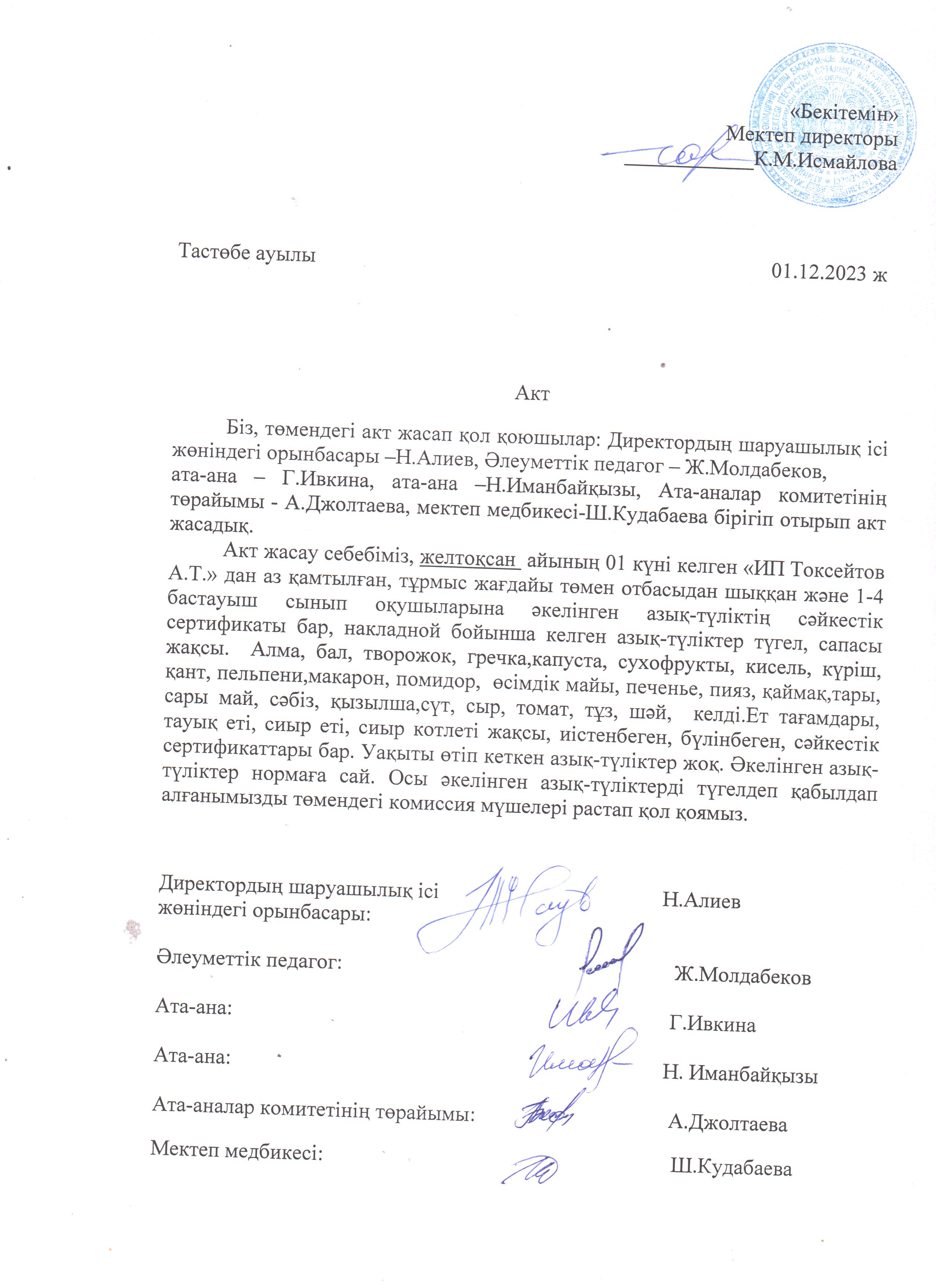 АКТ азық-түлікті қабылдау. Бракеражды комиссия 01.12.2023