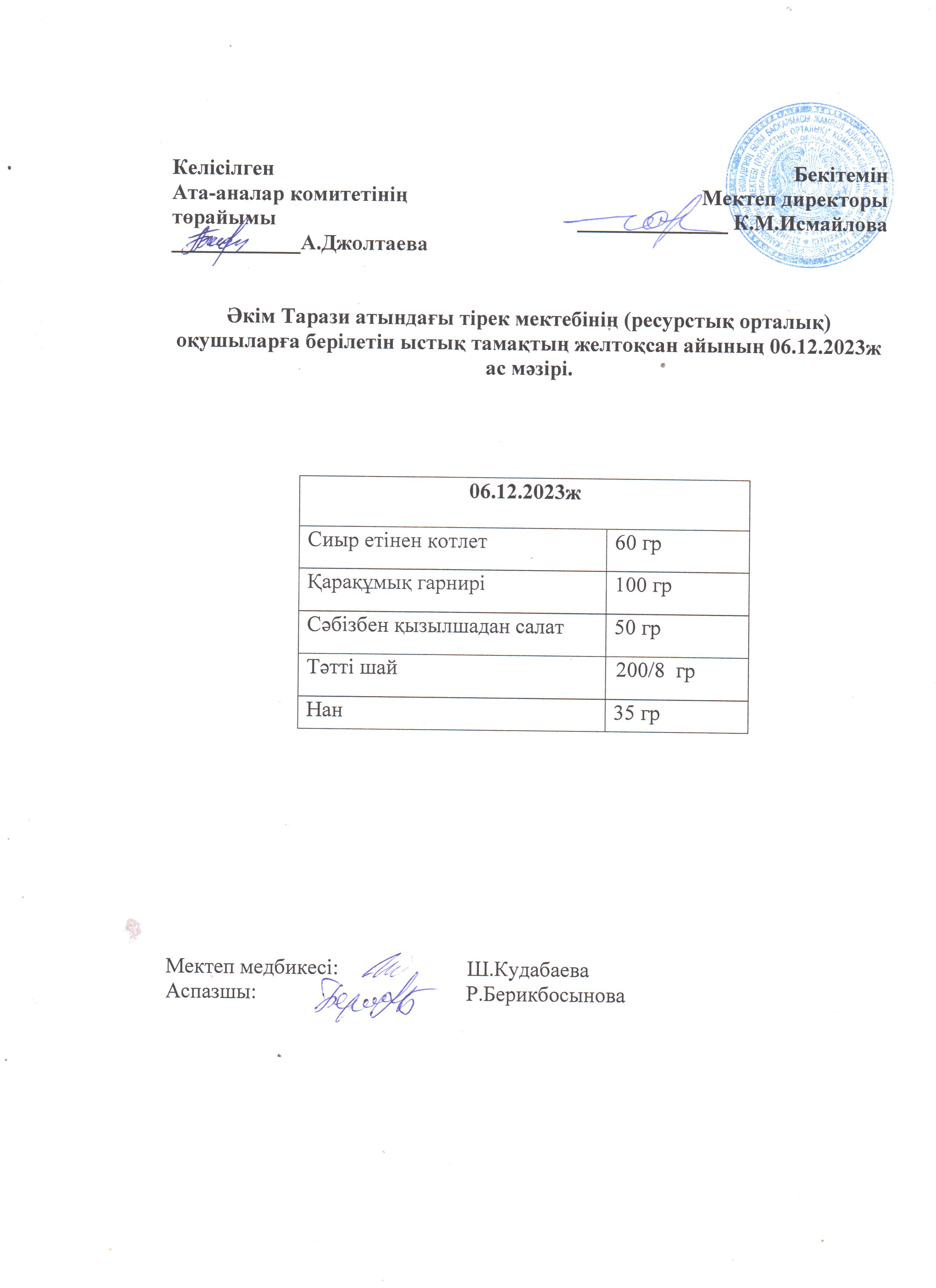 Ас мәзірі 06.12.2023ж