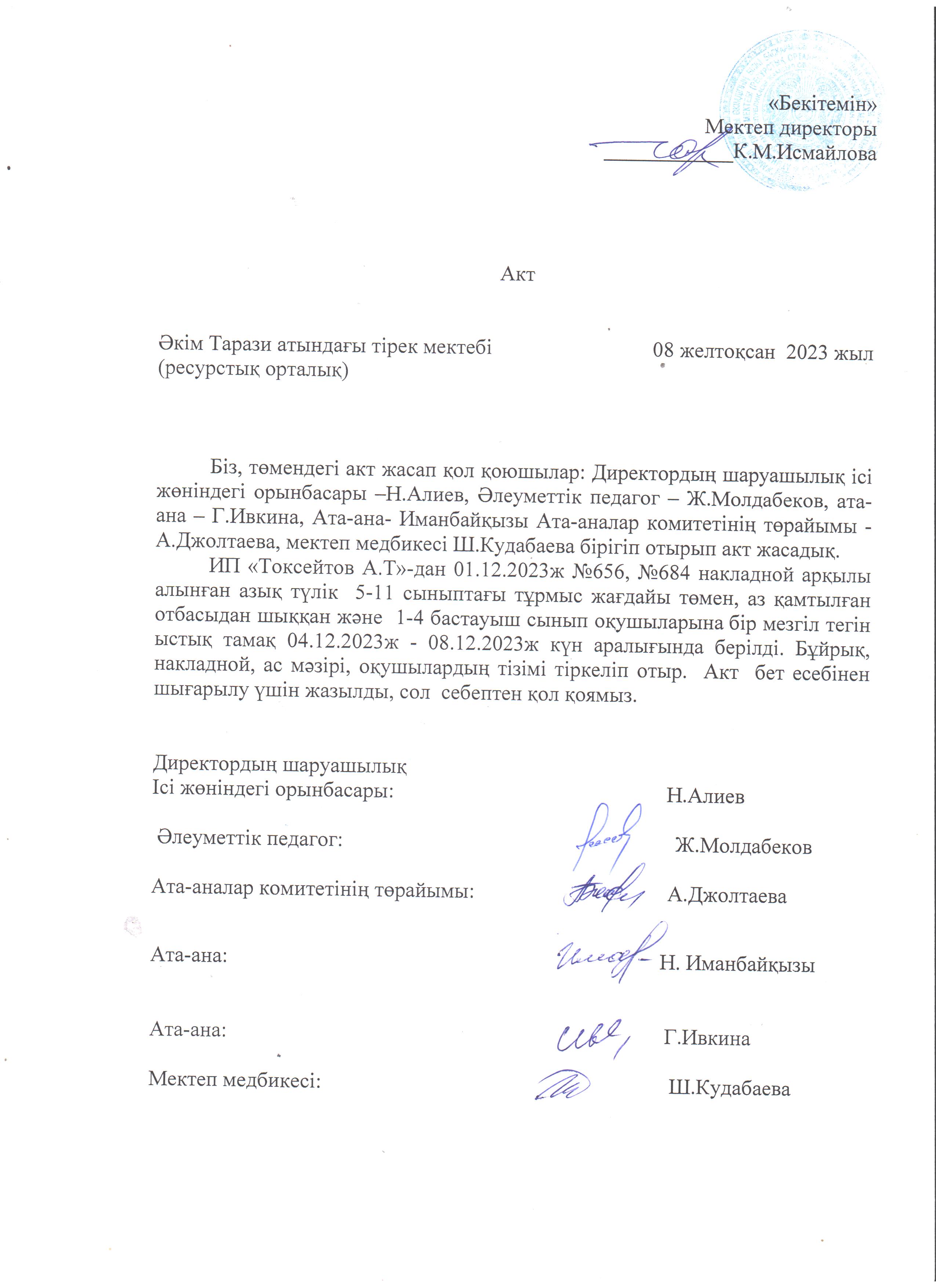 АКТ шығару. Бракеражды комиссия 08.12.2023ж
