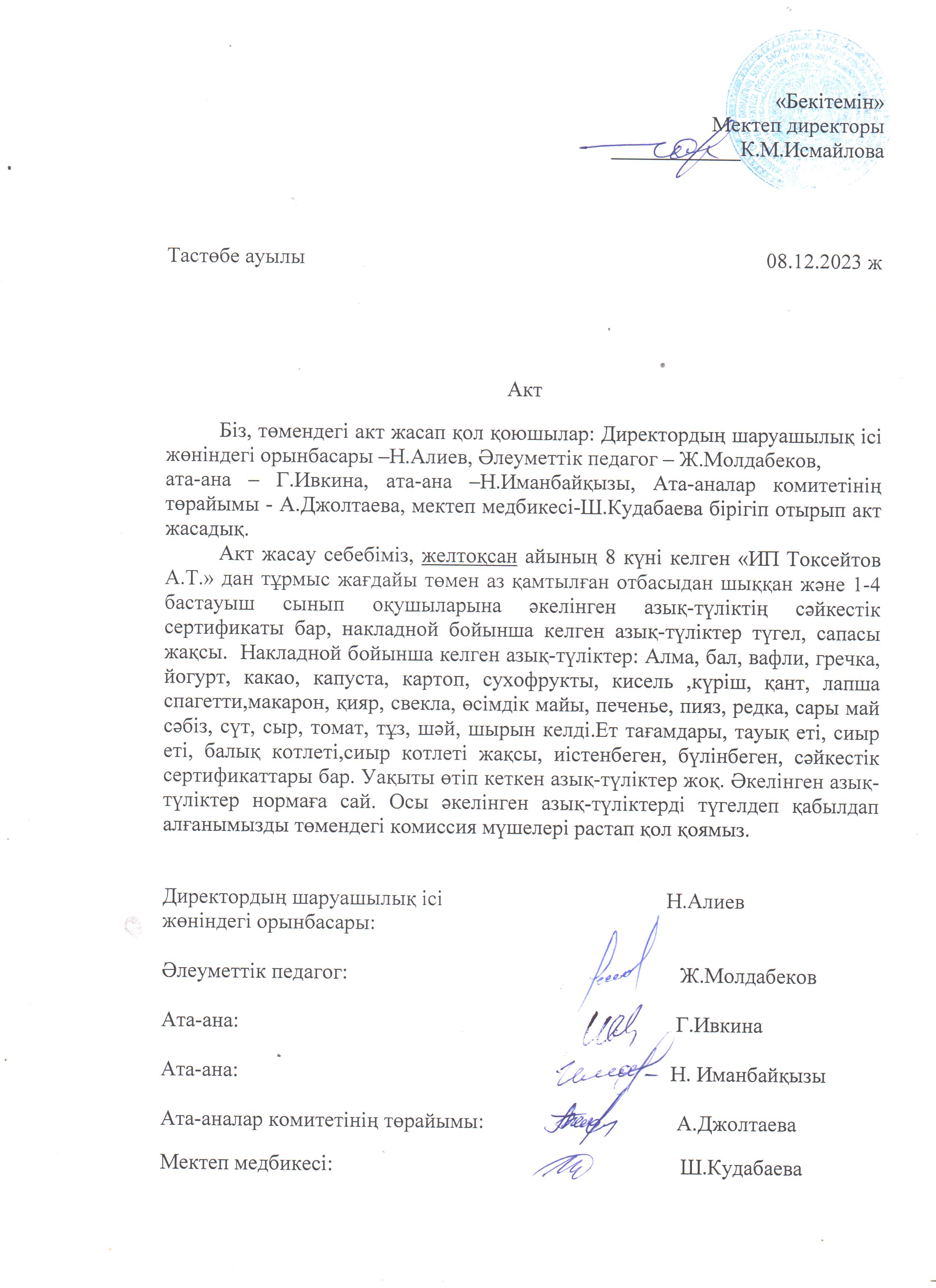 АКТ азық-түлікті қабылдау. Бракеражды комиссия 08.12.2023