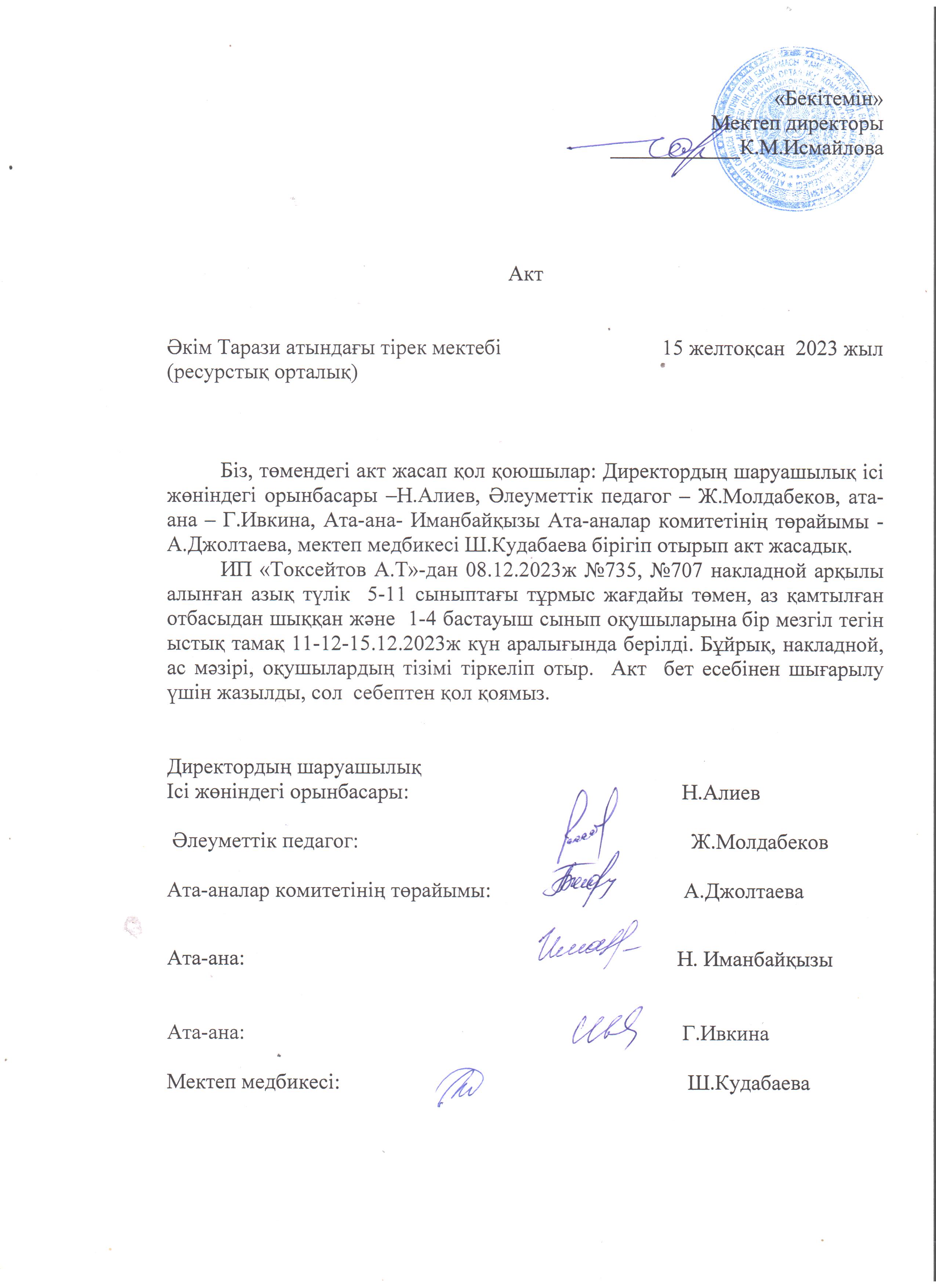 АКТ шығару. Бракеражды комиссия 15.12.2023ж