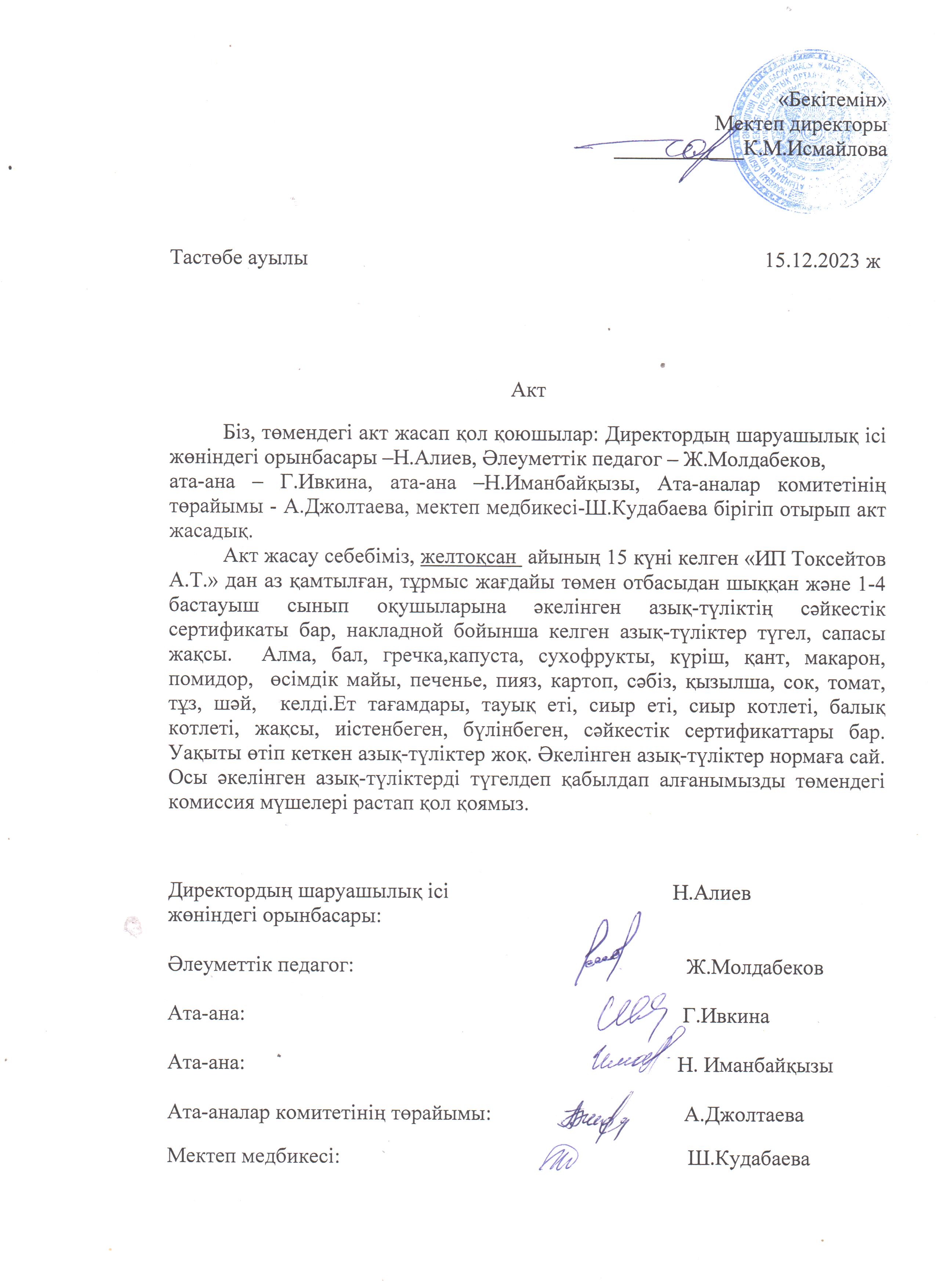 АКТ азық-түлікті қабылдау. Бракеражды комиссия 15.12.2023