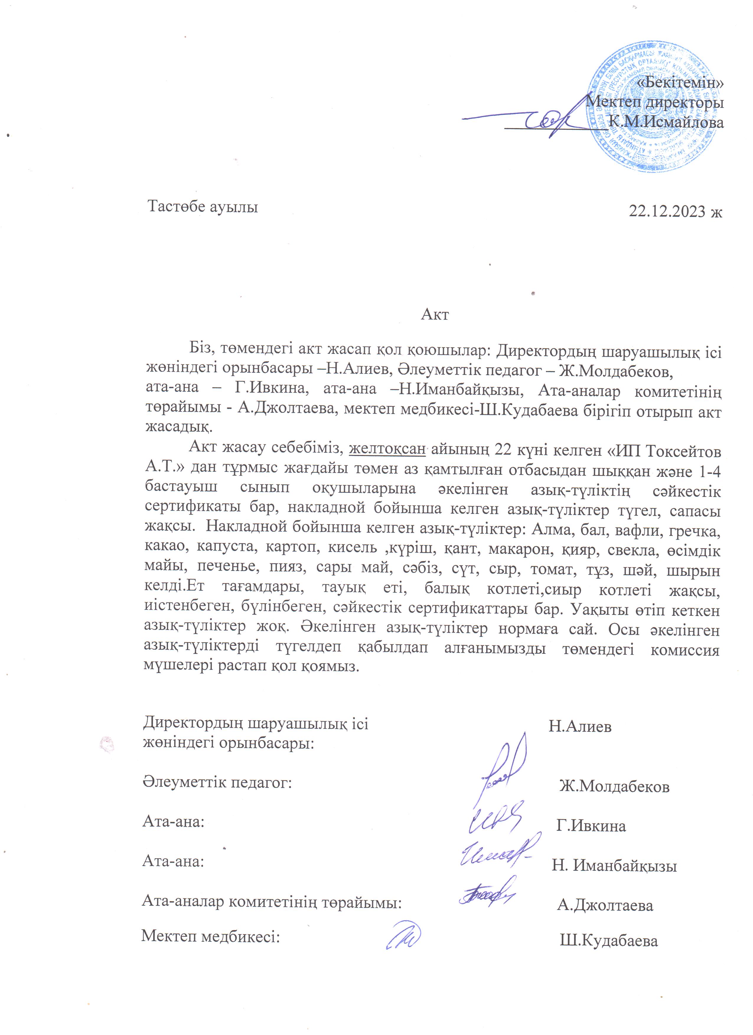 АКТ азық-түлікті қабылдау. Бракеражды комиссия 22.12.2023