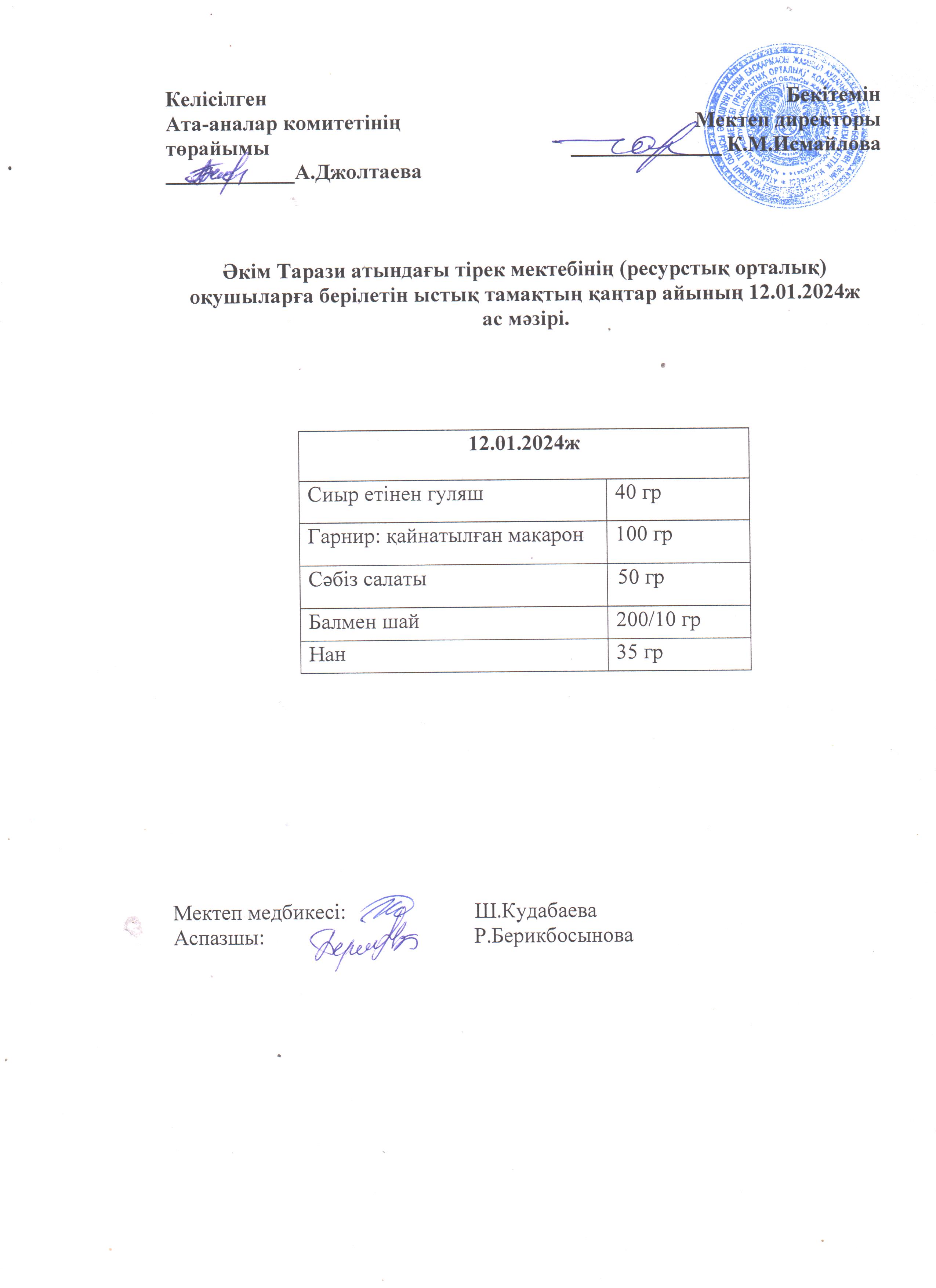 Ас мәзірі 12.01.2024ж
