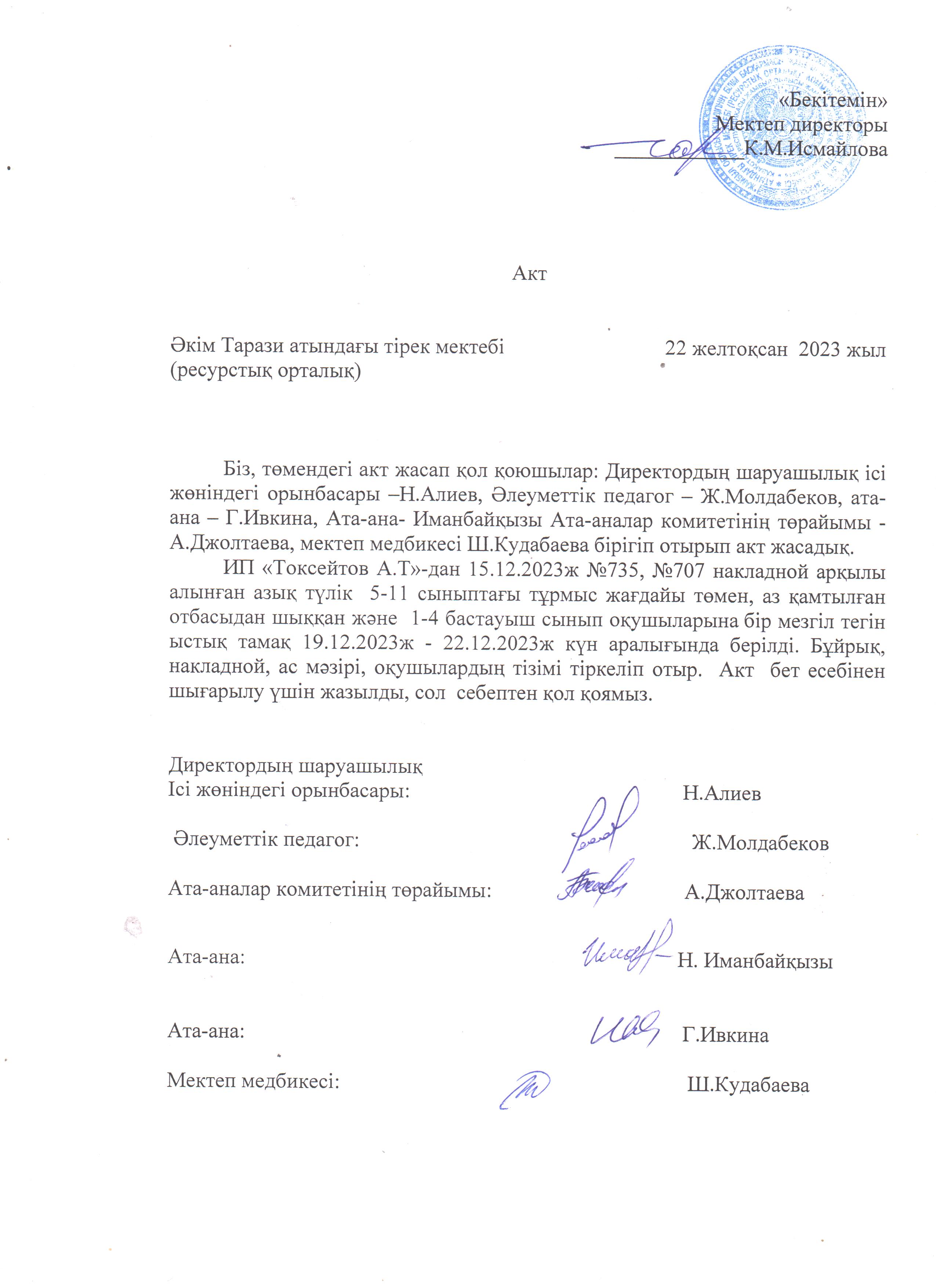 АКТ шығару. Бракеражды комиссия 22.12.2023ж