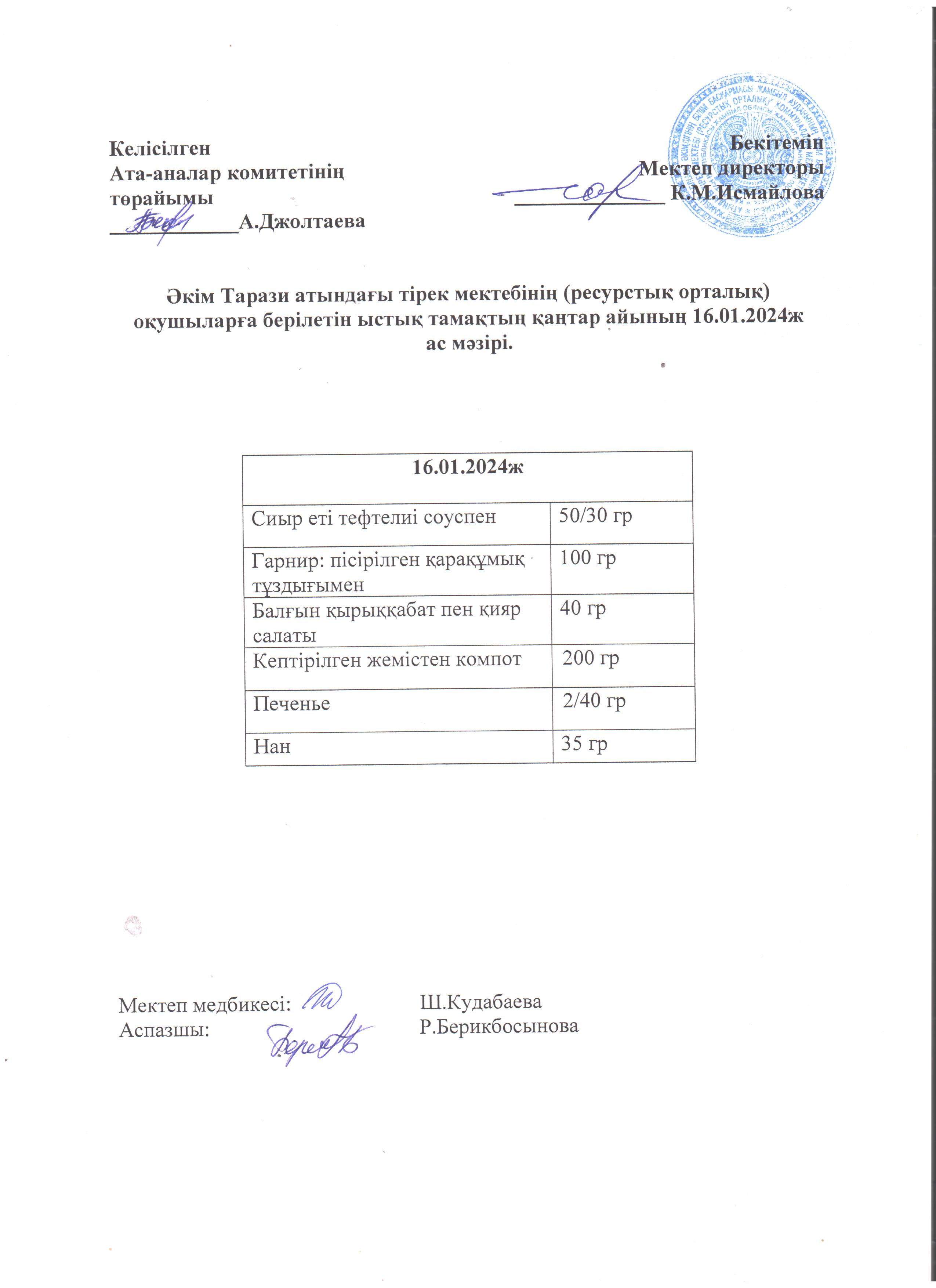 Ас мәзірі 16.01.2024ж