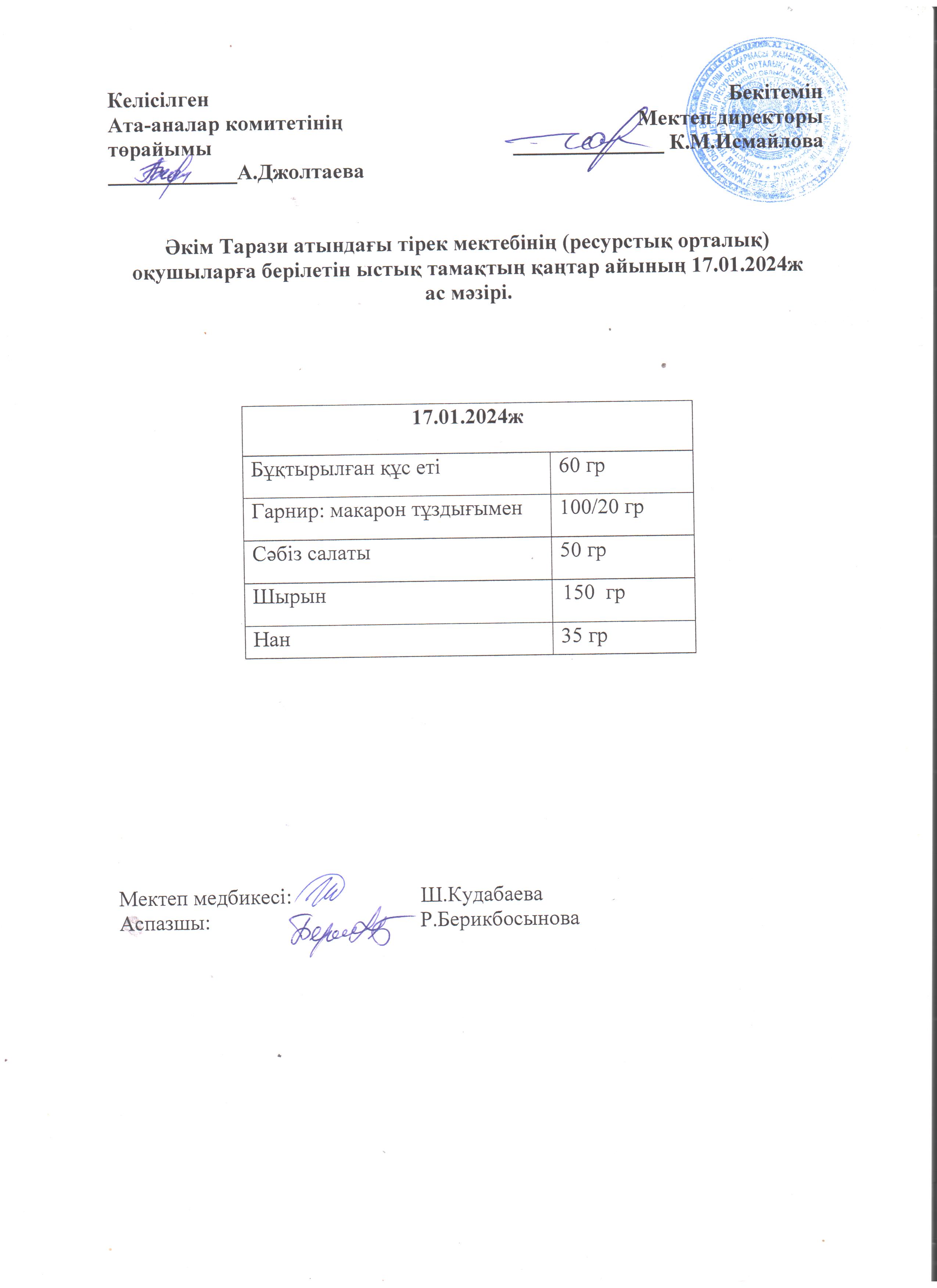 Ас мәзірі 17.01.2024ж