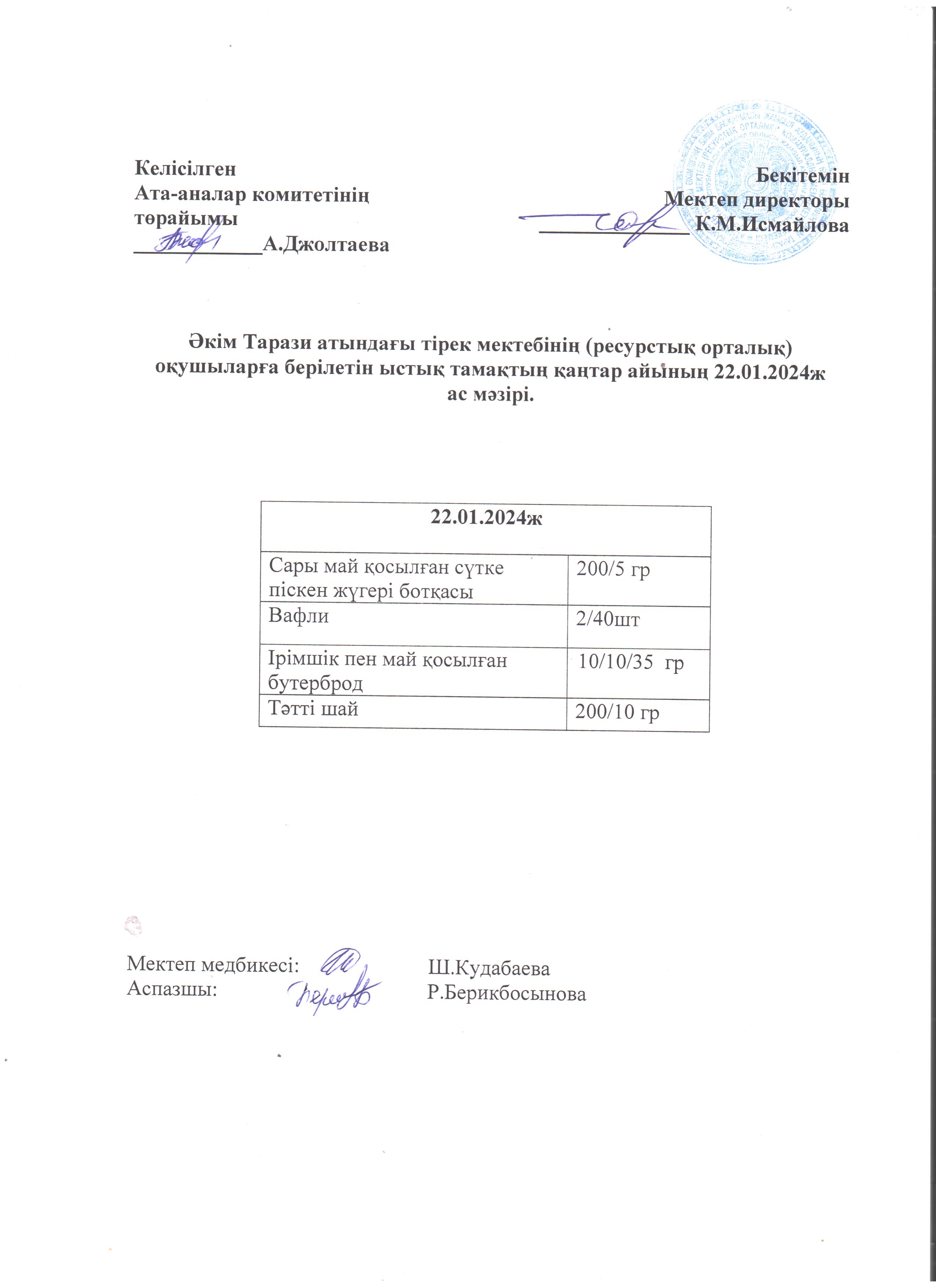 Ас мәзірі 22.01.2024ж
