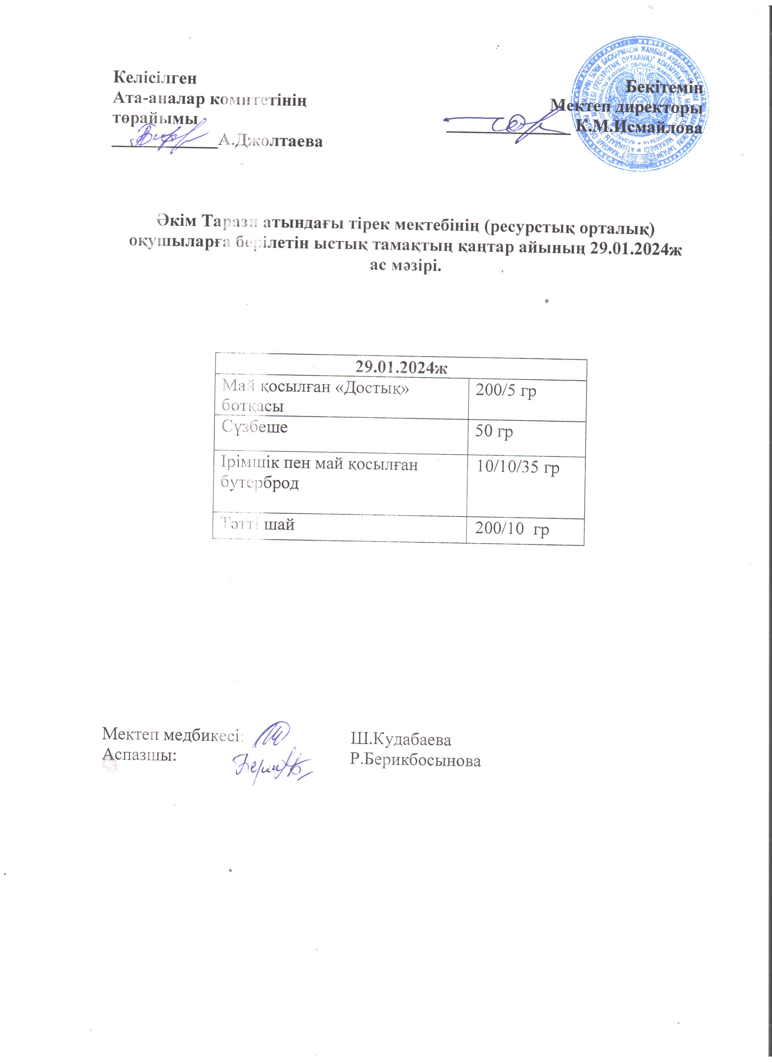 Ас мәзірі 29.01.2024ж