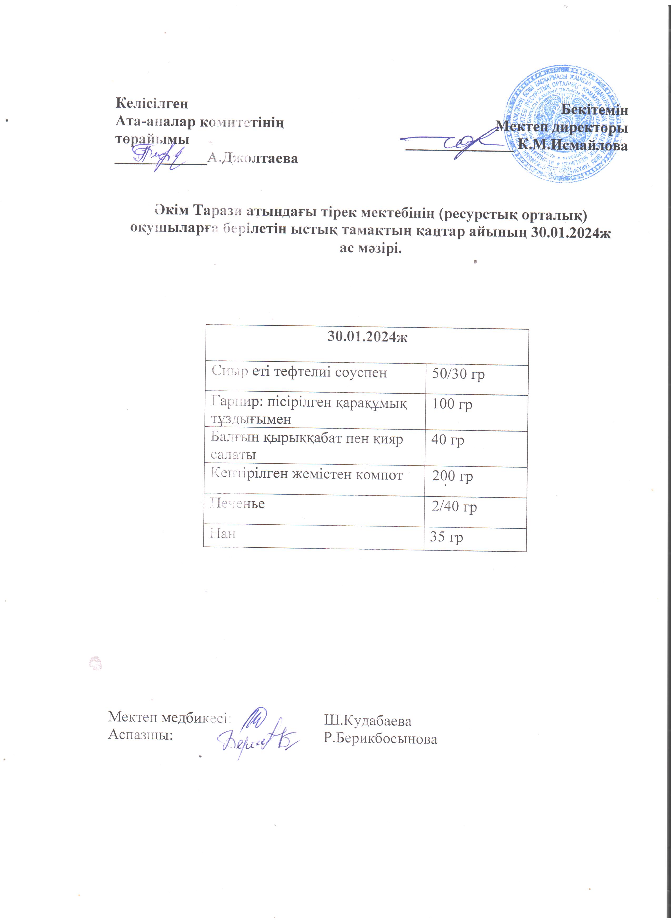 Ас мәзірі 30.01.2024ж