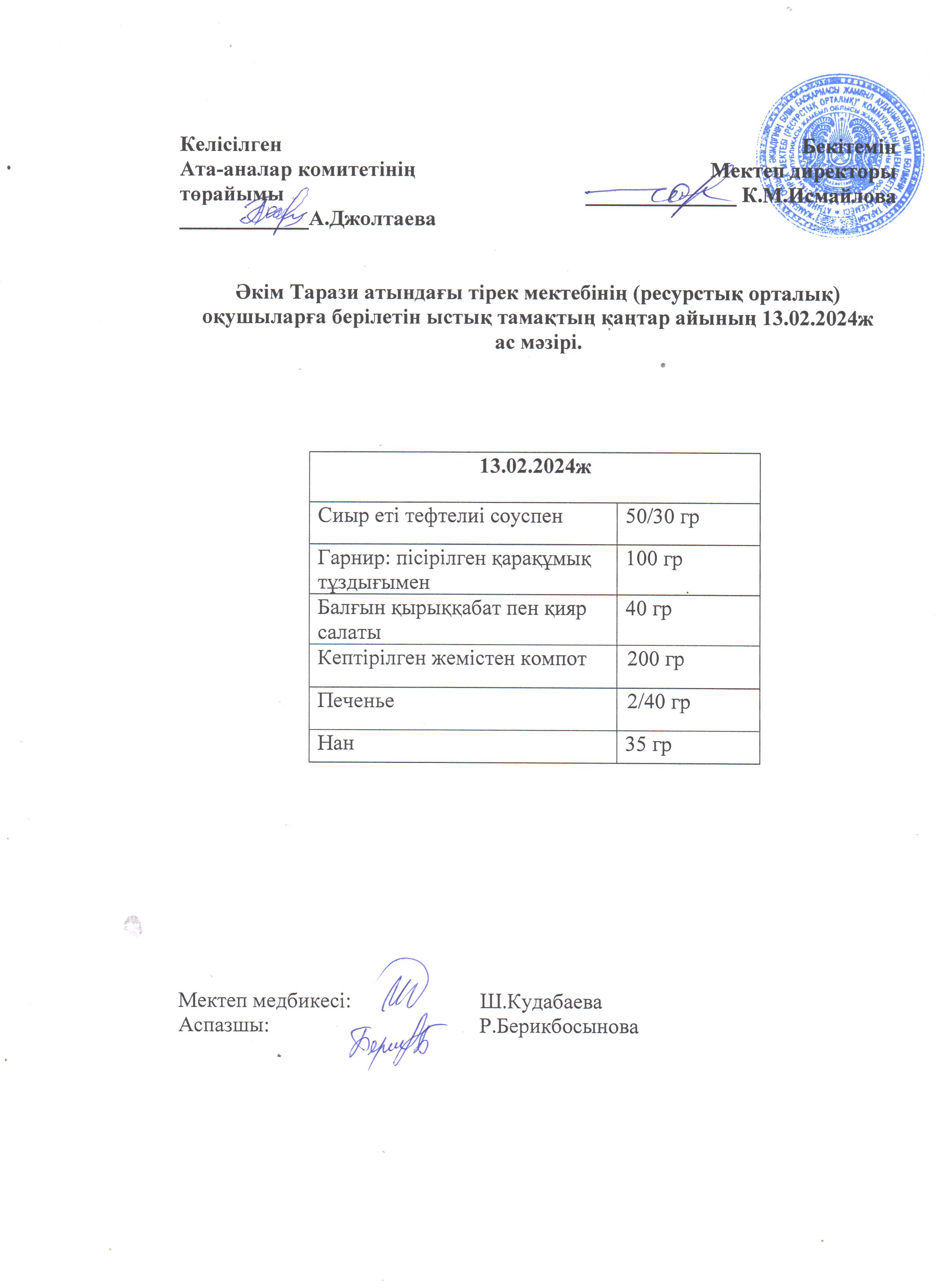 Ас мәзірі 13.02.2024ж