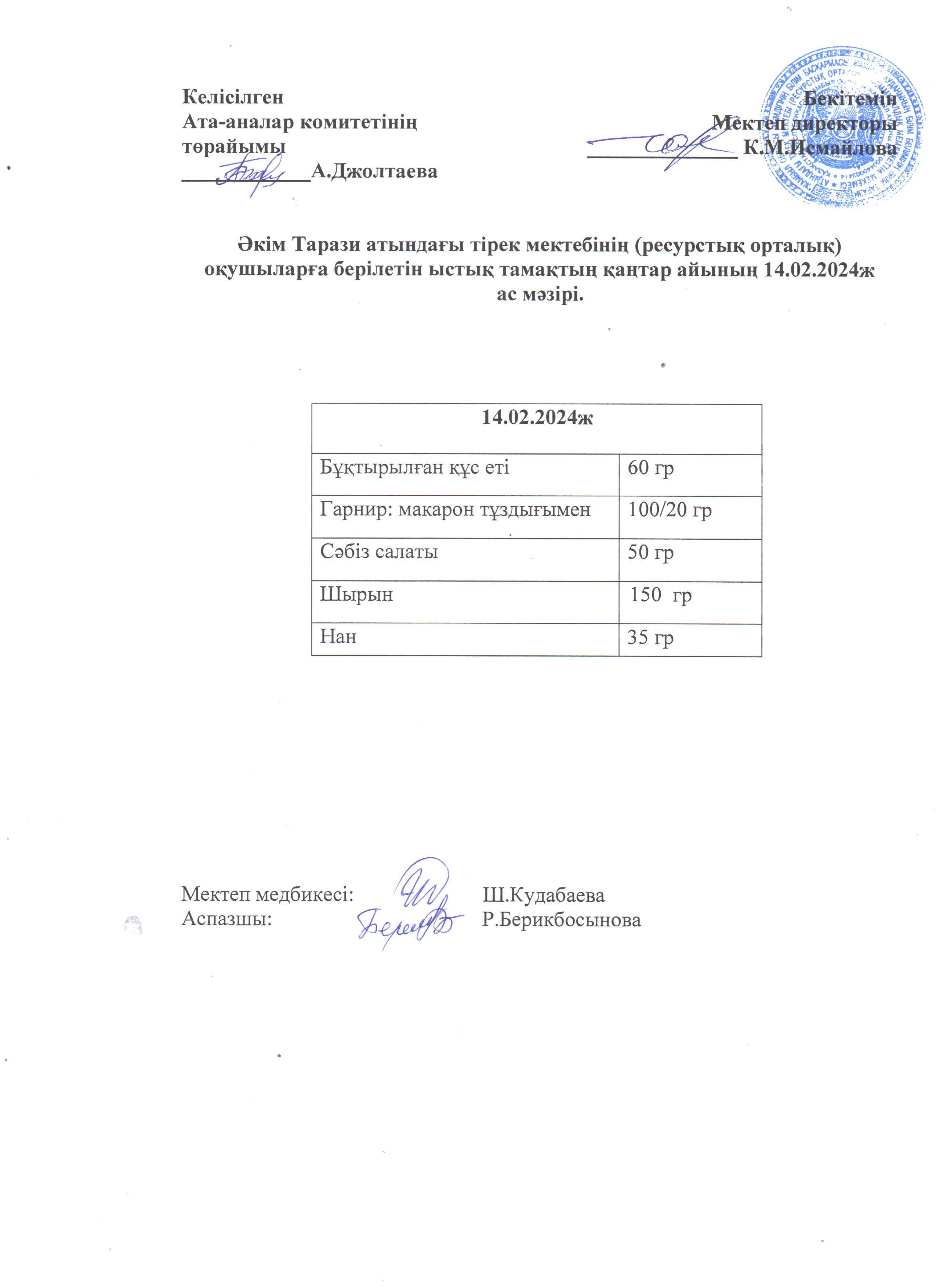 Ас мәзірі 14.02.2024ж