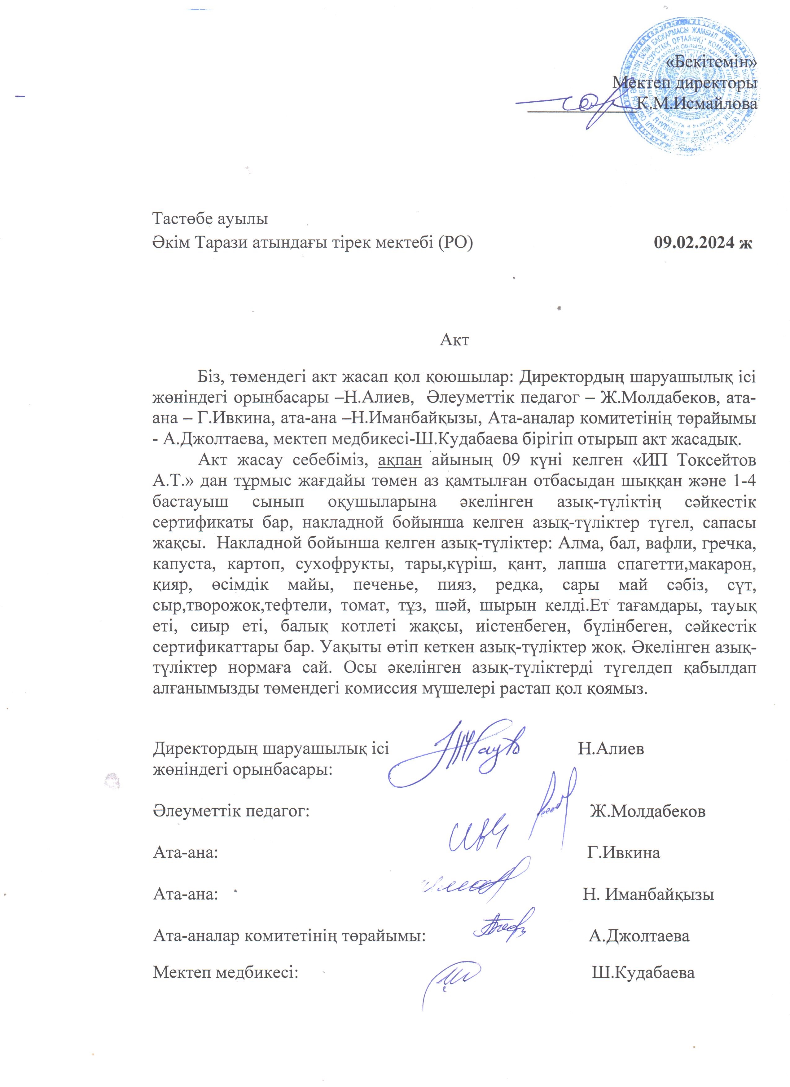 АКТ азық-түлікті қабылдау. Бракеражды комиссия 09.02.2024ж