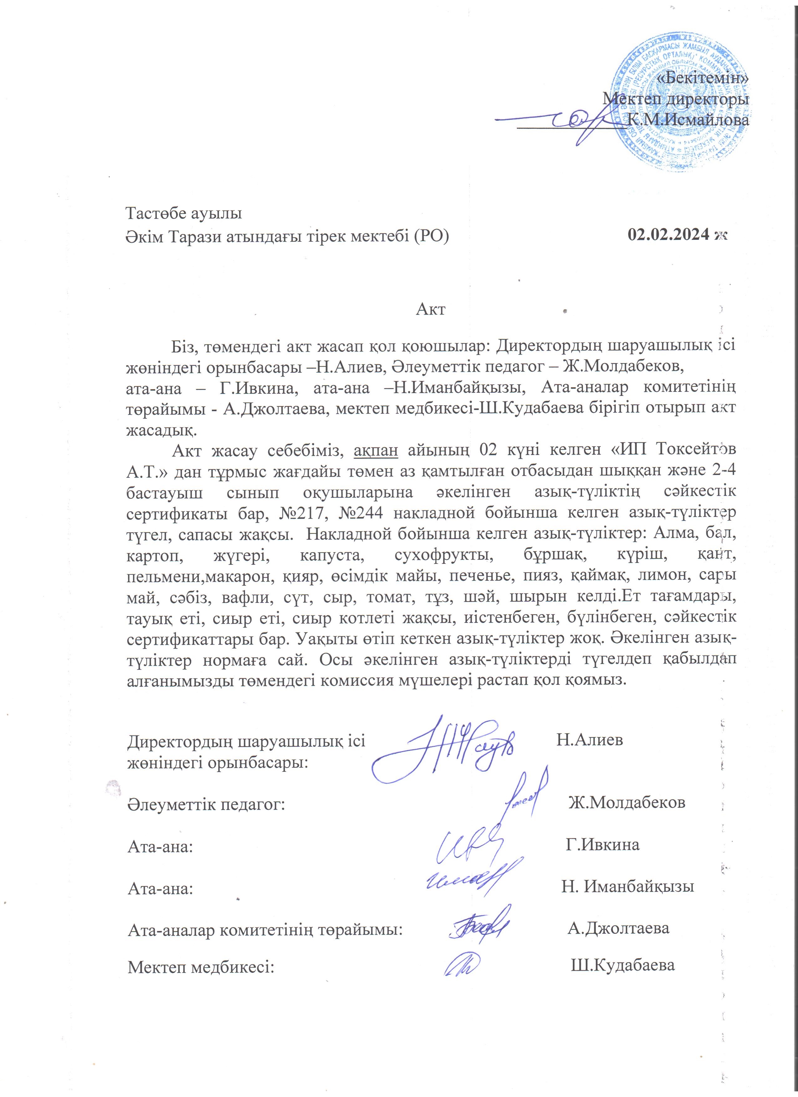 АКТ азық-түлікті қабылдау. Бракеражды комиссия 02.02.2024ж