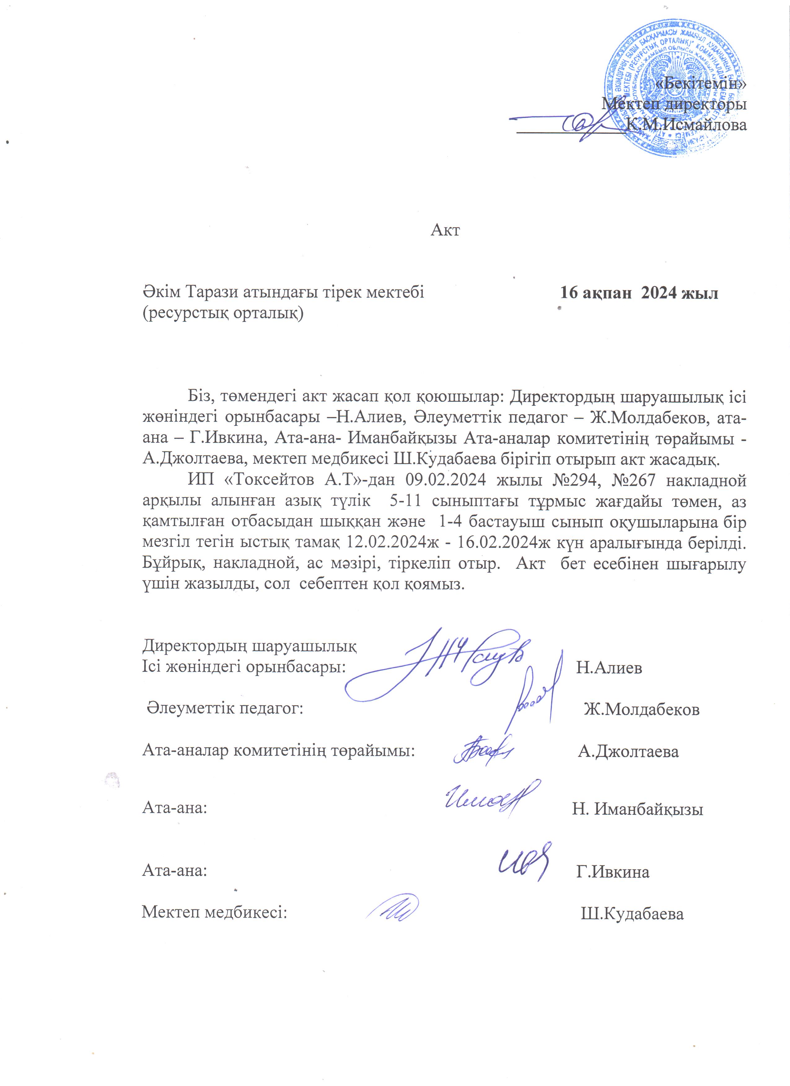 АКТ шығару. Бракеражды комиссия 16.02.2024ж