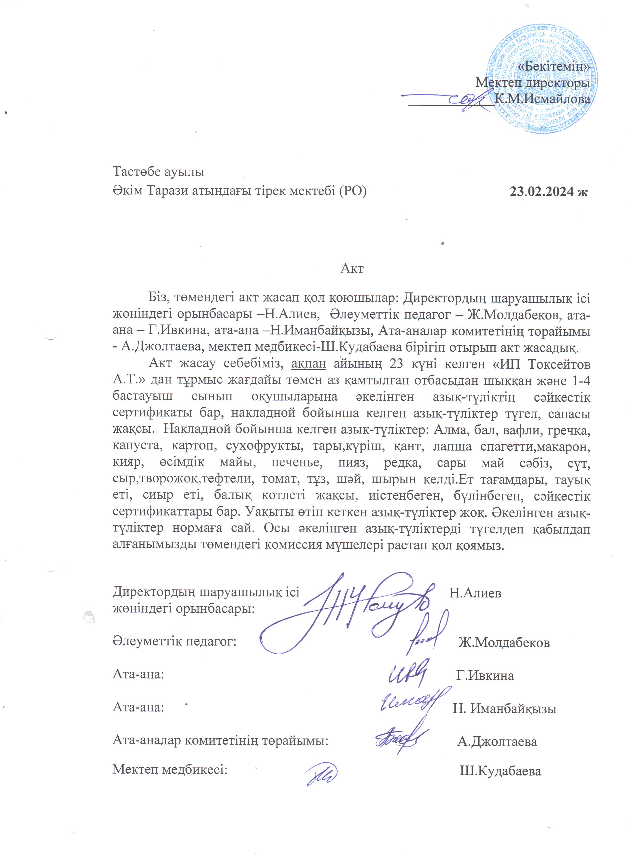 АКТ азық-түлікті қабылдау. Бракеражды комиссия 23.02.2024ж
