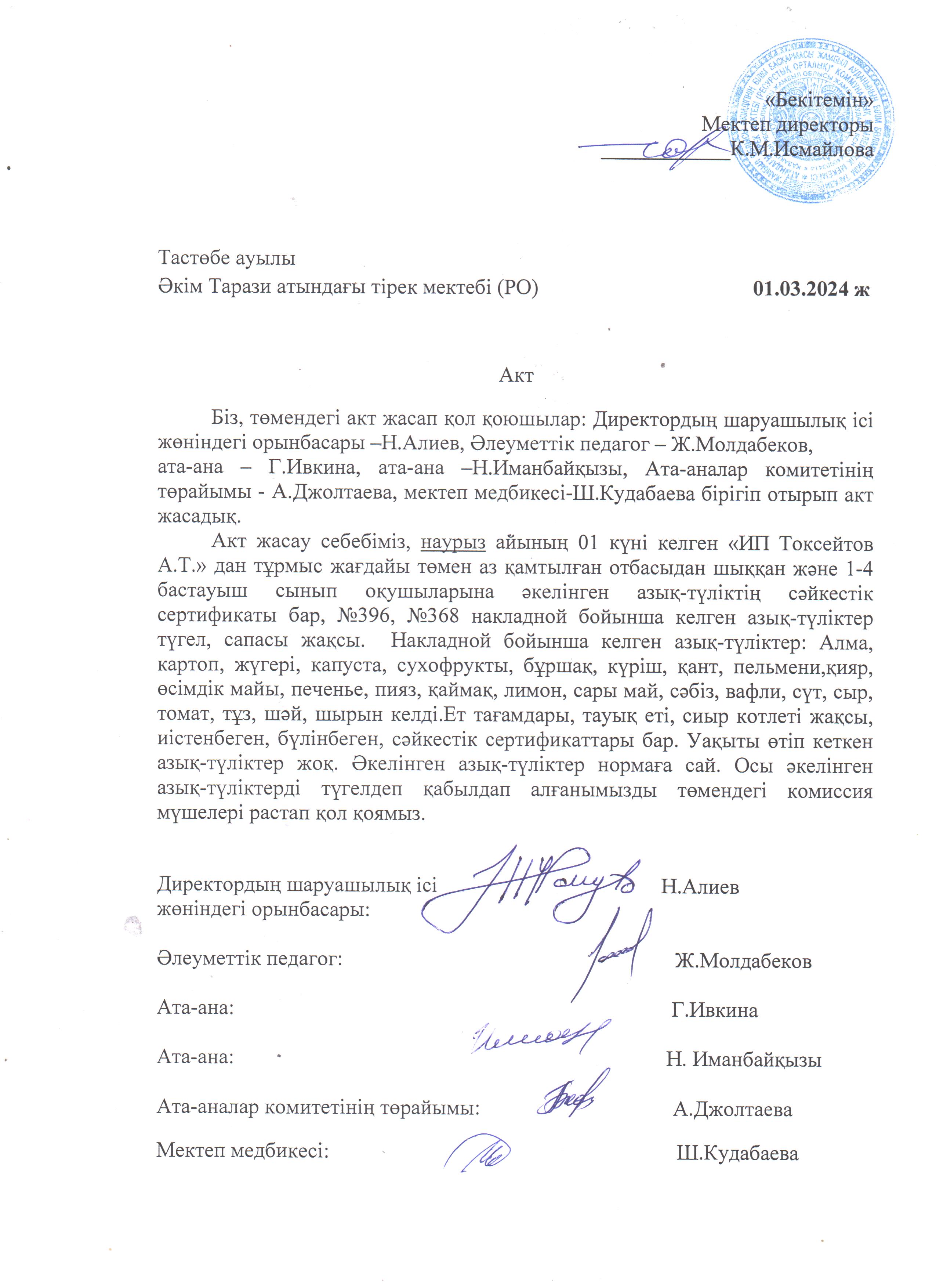 АКТ азық-түлікті қабылдау. Бракеражды комиссия 01.03.2024ж