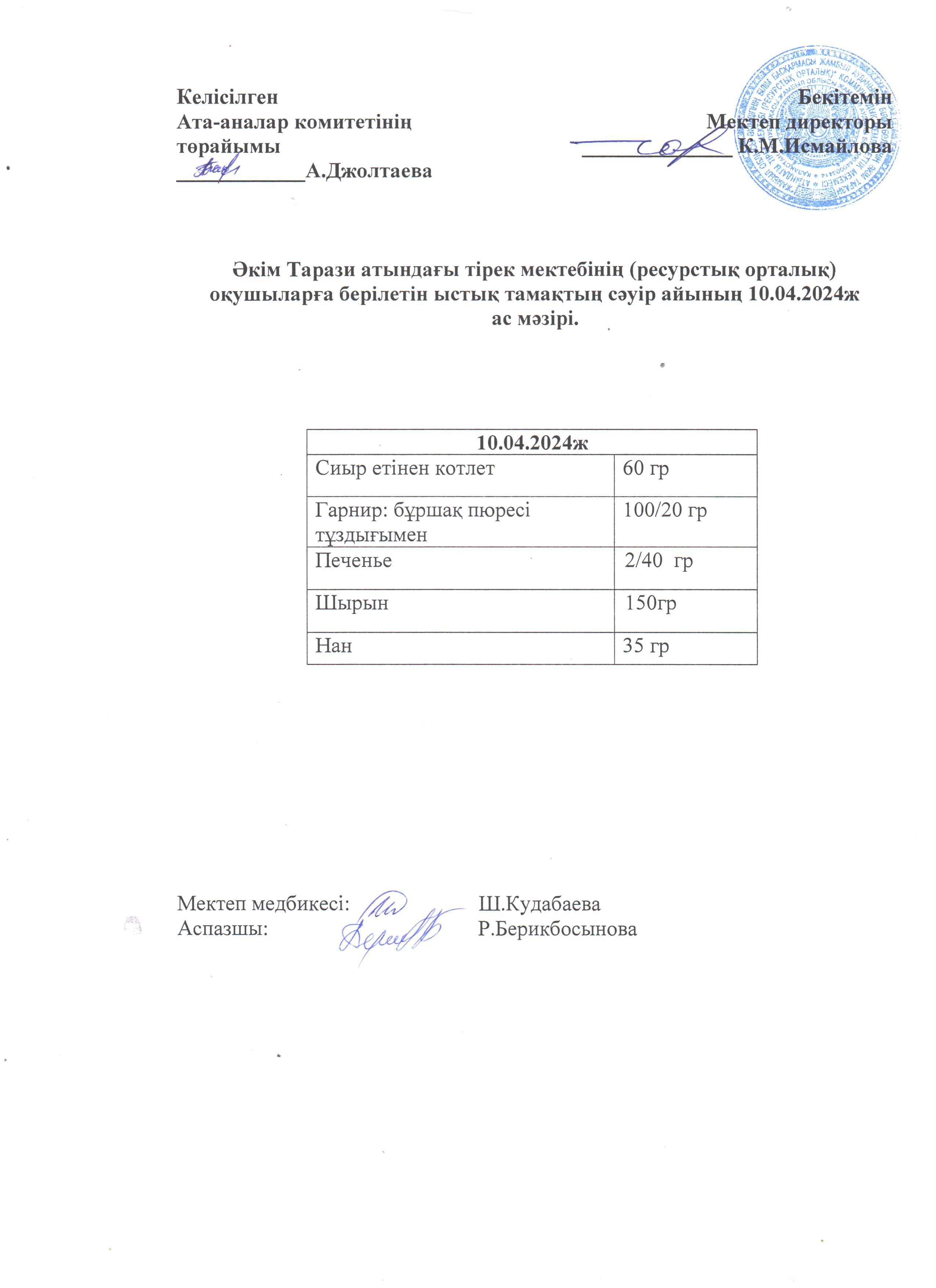 Ас мәзірі 10.04.2024ж