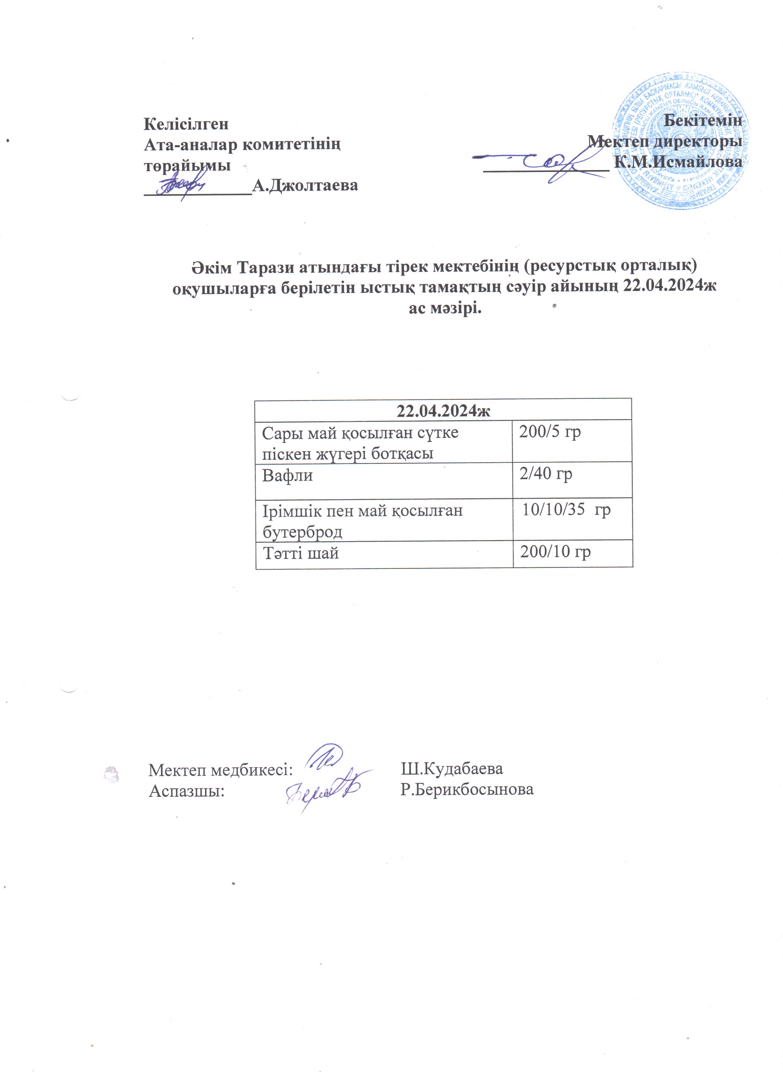Ас мәзірі 22.04.2024ж