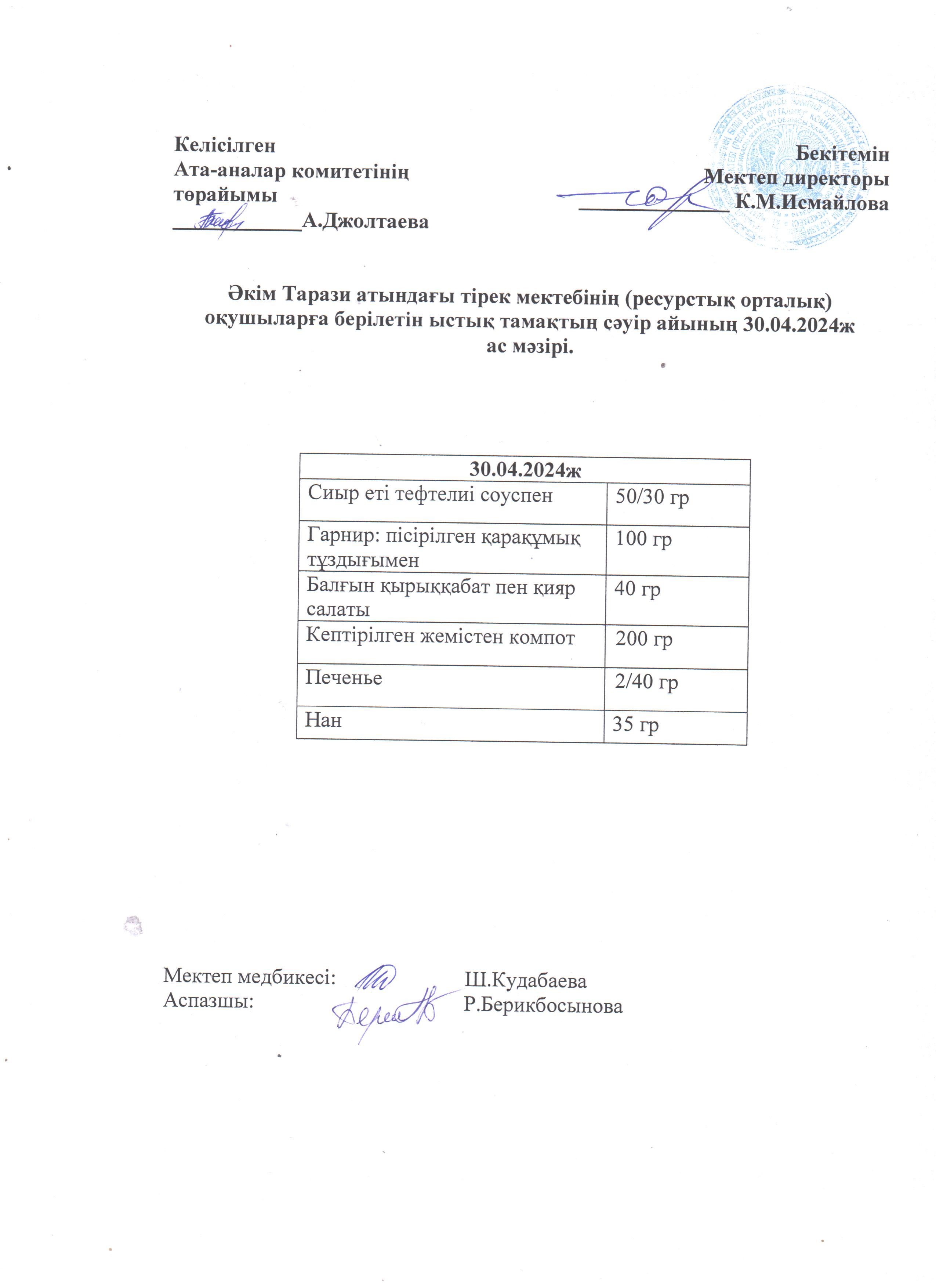 Ас мәзірі 30.04.2024ж