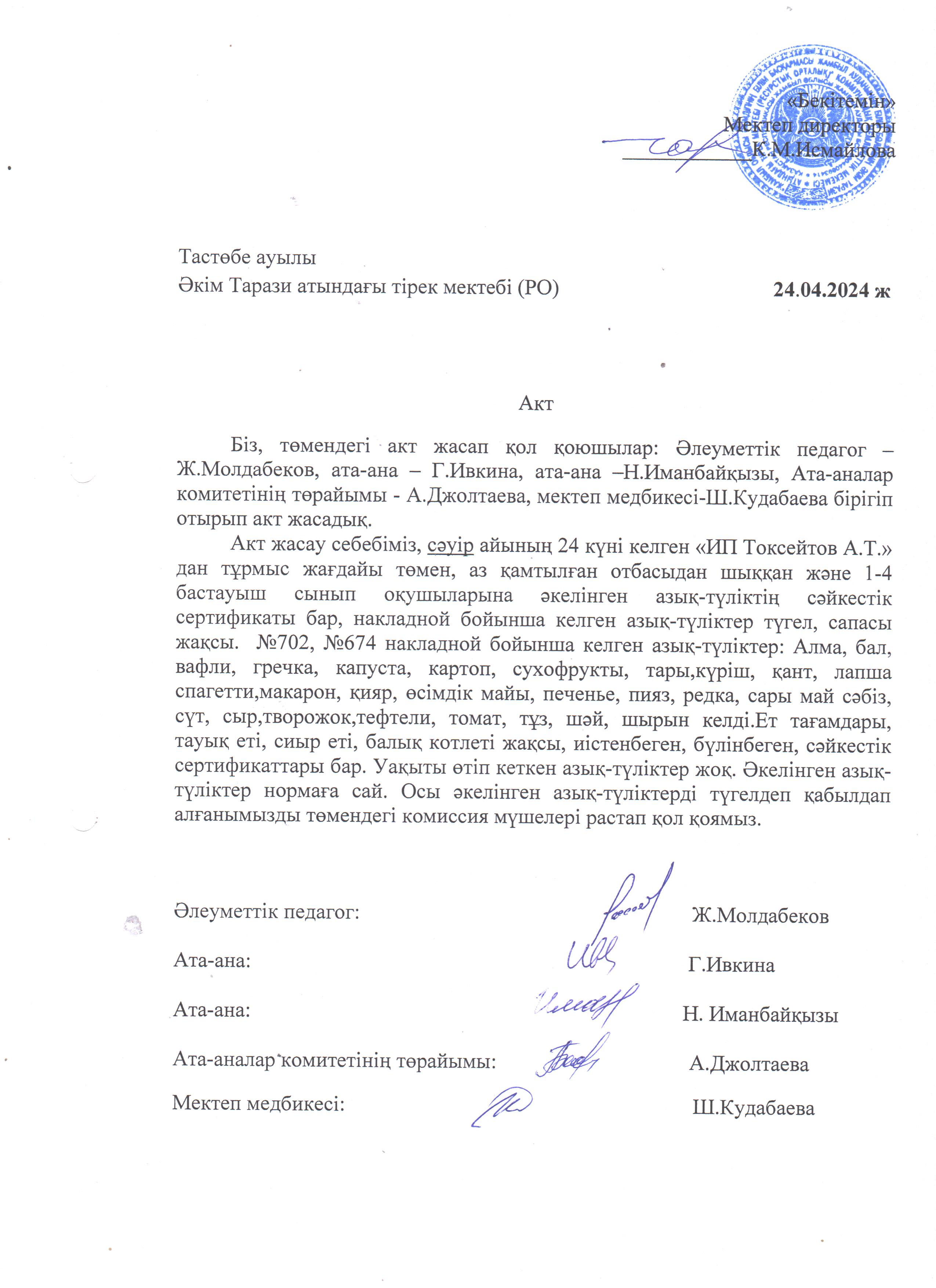 АКТ азық-түлікті қабылдау. Бракеражды комиссия 24.04.2024ж