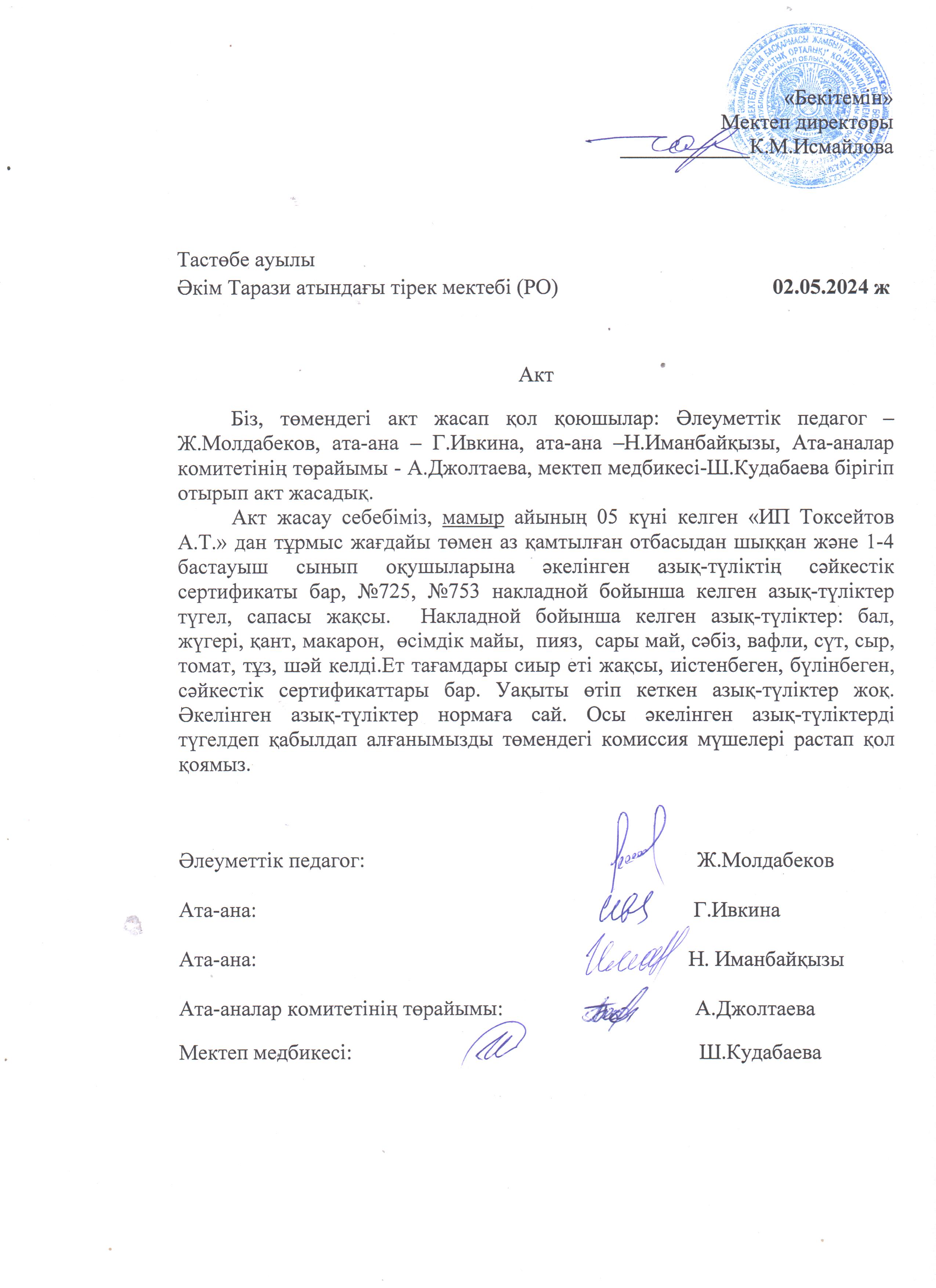 АКТ азық-түлікті қабылдау. Бракеражды комиссия 02.05.2024ж