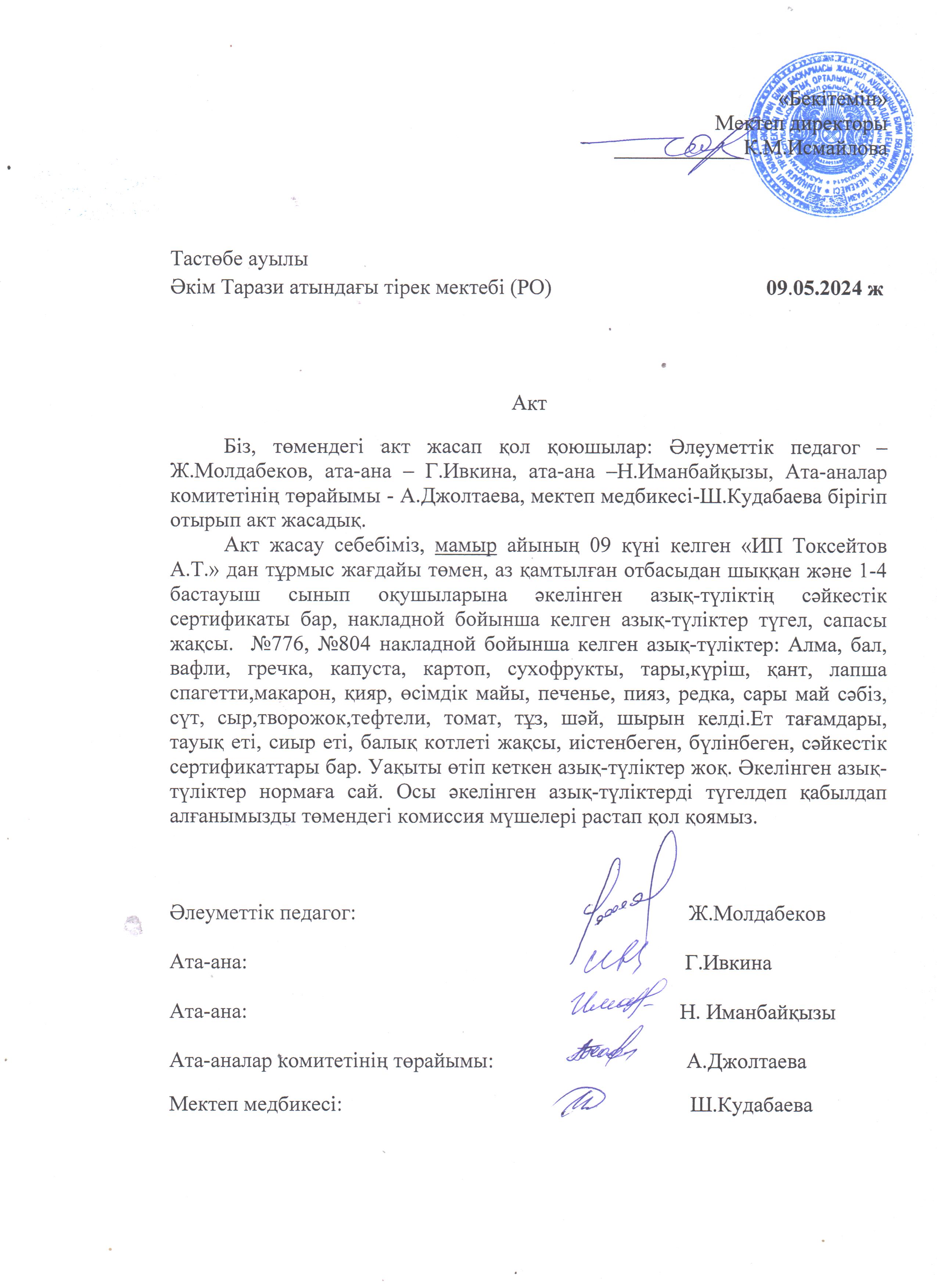 АКТ азық-түлікті қабылдау. Бракеражды комиссия 09.05.2024ж