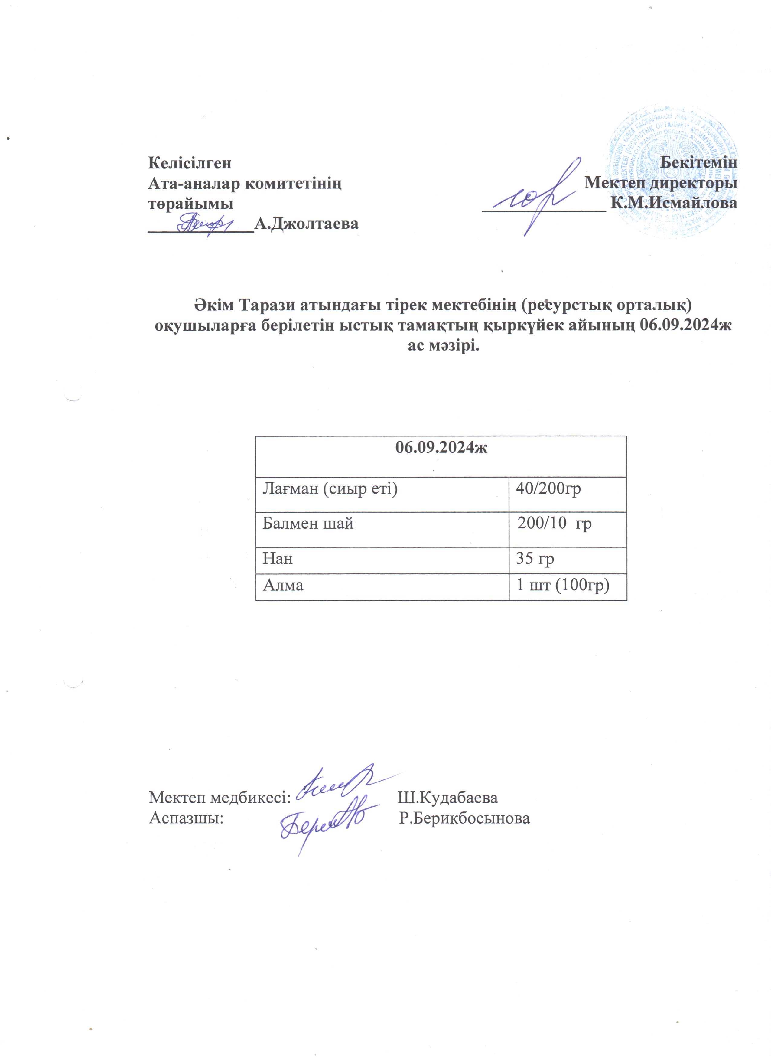 "Ас мәзірі 06.09.2024ж"