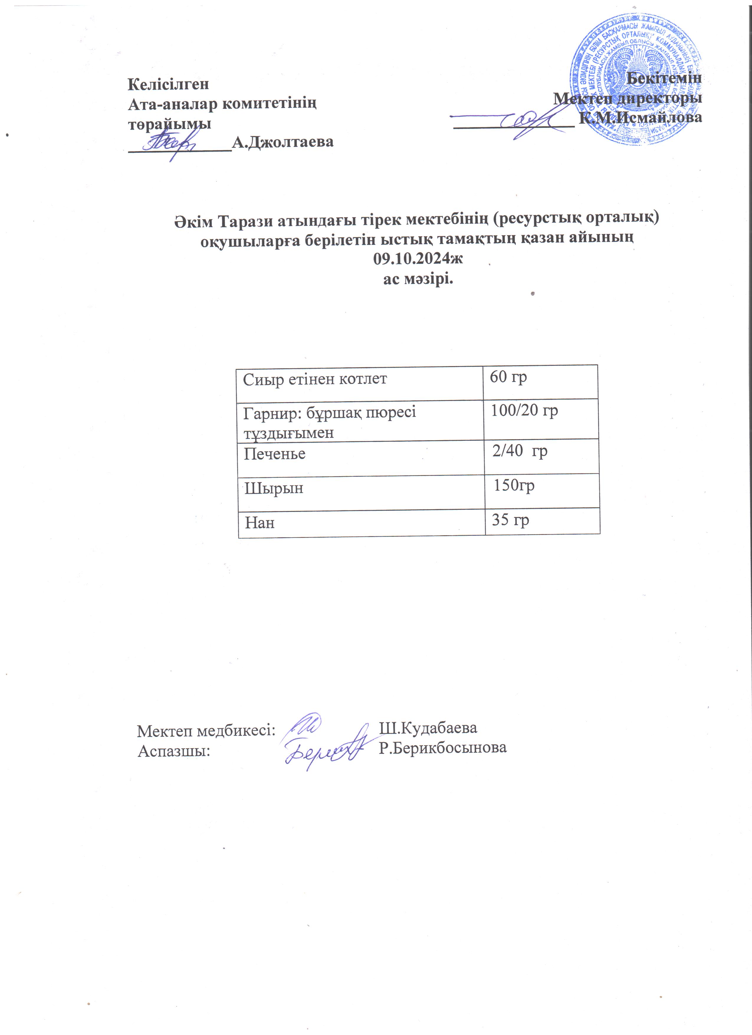 "Ас мәзірі 09.10.2024ж"